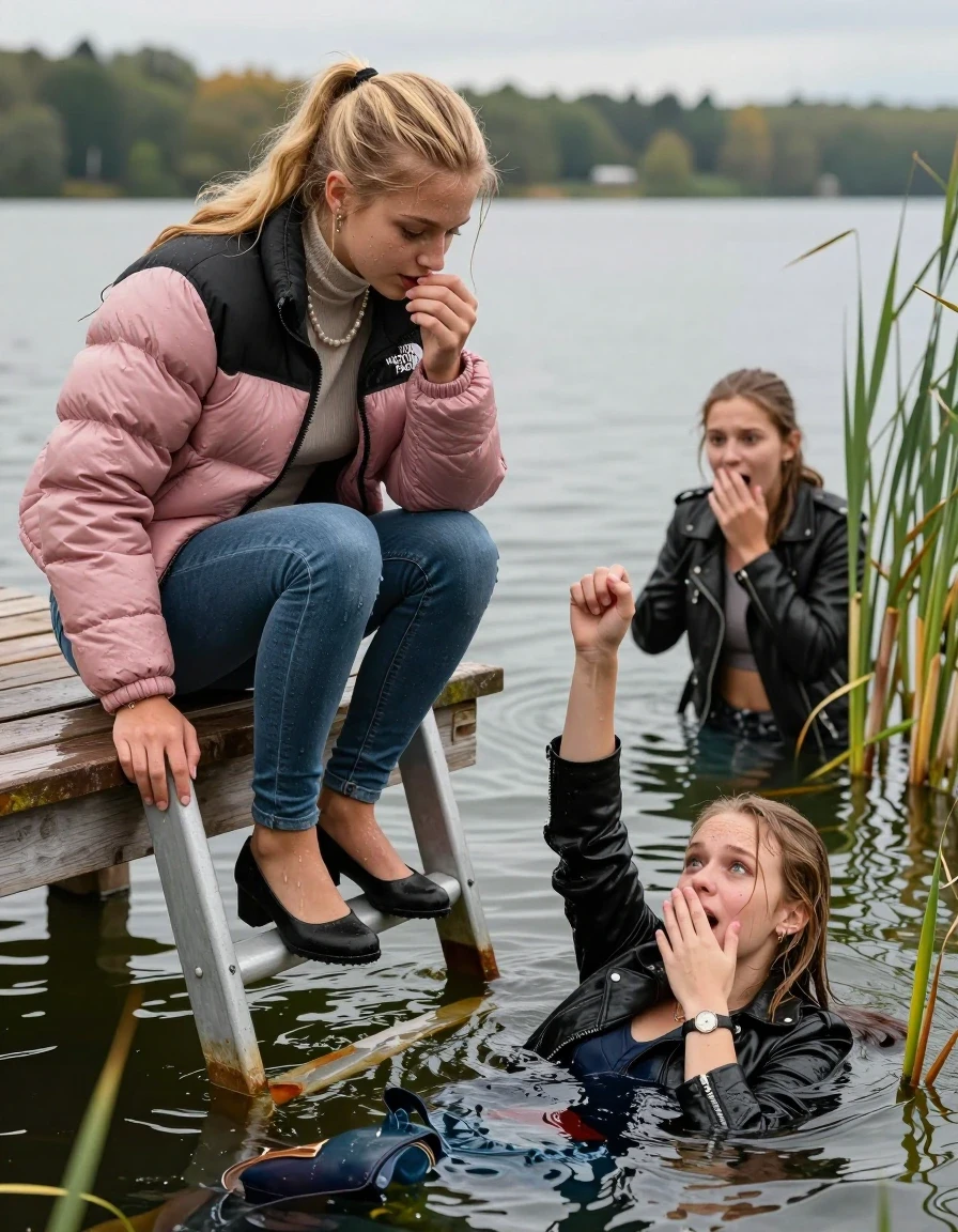 photo of young woman, in soaking wet, drenched clothes,
Heels, Completely soaked tight skinny jeans, Pink Puffer down jacket from north face, Tight turtleneck sweater belly free, handbag, pearl necklace, bracelet, wristwatch , Three Girls on a wooden bathing platform with a bathing ladder on a beautiful lake. The girls smiles with a sense of adventure and climbs the ladder into the water. The water reaches up to her chin., 
enjoying, wet clothes stuck to body,
detailed textures of the wet clothes, wet face, wet plastered hair,
wet, drenched, professional, high-quality details, full body view.
sharp focus, ultra-high pixel detail, realistic, high-quality, full colors, incredibly detailed, 4k, 8k, 16k, hyper-realistic, RAW photo, masterpiece, ultra-detailed, professionally color graded, professional photograph, Blond sleek long straight hair, sleek ponytail 

19 years old  teenage girl

Laying her breast on the surface.  Looking slightly away. Hold her hand over mouth.

One Girl inside the water with a black biker leatherjacket and one hand on her mouth, hold with the other the viewer's hand, pulling them she is completely underwater up to her neck, afraid and astonished expression. 

She hides in the reeds.

her submerged clothes are hardly vusible under water, she soaked her handbag into the water. The Girls wear different clothes. 

close up view, wet skin, wet clothes, wet hair, damp fabric, water runs down the clothes, wet skin, wet clothes, damp fabric, wet skin, wet clothes, damp fabric, wet skin, wet clothes, damp fabric, wet skin, wet clothes, damp fabric, wet skin, wet clothes, damp fabric, wet skin, wet clothes, damp fabric, wet skin, wet clothes, damp fabric, wet skin, wet clothes, damp fabric, wet skin, wet clothes, damp fabric, wet skin, wet clothes, damp fabric, wet skin, wet clothes, damp fabric, wet skin, wet clothes, damp fabric, wet skin, wet clothes, damp fabric, wet skin, wet clothes, damp fabric, wet skin, wet clothes, damp fabric, wet skin, wet clothes, damp fabric, wet skin, wet clothes, damp fabric, wet skin, wet clothes, damp fabric, wet skin, wet clothes, damp fabric