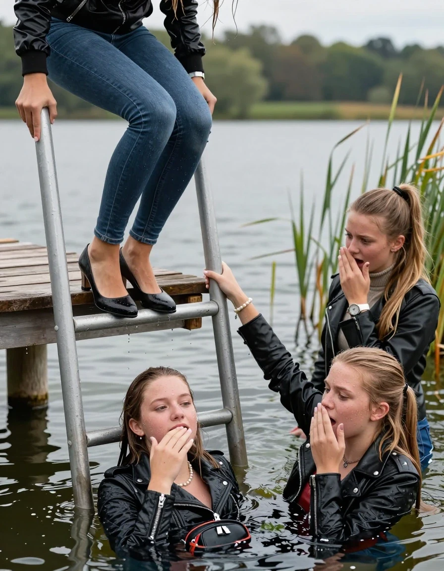 photo of young woman, in soaking wet, drenched clothes,
Heels, Completely soaked tight skinny jeans, Moncler shiny Puffer down jacket, Tight turtleneck sweater belly free, handbag, pearl necklace, bracelet, wristwatch , Three Girls on a wooden bathing platform with a bathing ladder on a beautiful lake. The girls smiles with a sense of adventure and climbs half submerged the ladder into the water. The water reaches up to her chest., 
enjoying, wet clothes stuck to body,
detailed textures of the wet clothes, wet face, wet plastered hair,
wet, drenched, professional, high-quality details, full body view.
sharp focus, ultra-high pixel detail, realistic, high-quality, full colors, incredibly detailed, 4k, 8k, 16k, hyper-realistic, RAW photo, masterpiece, ultra-detailed, professionally color graded, professional photograph, Blond sleek long straight hair, sleek ponytail 

15 years old  teenage girl

Laying her breast on the surface.  Looking slightly away. Hold her hand over her face.

One Girl inside the water with a black biker leatherjacket and one hand on her mouth, hold with the other the viewer's hand, pulling them she is completely underwater up to her neck, afraid and astonished expression. 

She hides in the reeds.

her submerged clothes are hardly vusible under water, she soaked her handbag into the water. The Girls wear different clothes. 

close up view, wet skin, wet clothes, wet hair, damp fabric, water runs down the clothes, wet skin, wet clothes, damp fabric, wet skin, wet clothes, damp fabric, wet skin, wet clothes, damp fabric, wet skin, wet clothes, damp fabric, wet skin, wet clothes, damp fabric, wet skin, wet clothes, damp fabric, wet skin, wet clothes, damp fabric, wet skin, wet clothes, damp fabric, wet skin, wet clothes, damp fabric, wet skin, wet clothes, damp fabric, wet skin, wet clothes, damp fabric, wet skin, wet clothes, damp fabric, wet skin, wet clothes, damp fabric, wet skin, wet clothes, damp fabric, wet skin, wet clothes, damp fabric, wet skin, wet clothes, damp fabric, wet skin, wet clothes, damp fabric, wet skin, wet clothes, damp fabric, wet skin, wet clothes, damp fabric, wet skin, wet clothes, damp fabric