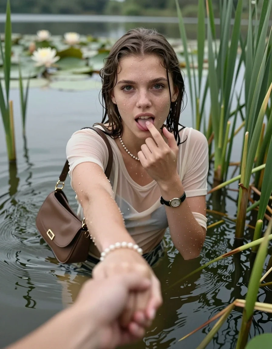 photo of young woman, in soaking wet, drenched clothes,
, , tight sexy tshirt with wide neckline belly free, handbag, pearl necklace, bracelet, wristwatch, Emerging after diving in a lake with water lilies and reeds, 
enjoying, wet clothes stuck to body,
detailed textures of the wet clothes, wet face, wet plastered hair,
wet, drenched, professional, high-quality details, full body view.
sharp focus, ultra-high pixel detail, realistic, high-quality, full colors, incredibly detailed, 4k, 8k, 16k, hyper-realistic, RAW photo, masterpiece, ultra-detailed, professionally color graded, professional photograph, Sleek long straight hair

15 years old  teenage girl

open mouth, big eyes. 0ne hand with a finger at her tongue  inside her mouth, hold with the other the viewer's hand, pulling them toward the center of the water. Laying her breast and arms on the surface.  Whole body and shoulders are submerged under the surface. Looking up at camera.

One girl inside the water 0ne hand with a finger at her tongue,  hold with the other the viewer's hand, pulling them she is completely underwater up to her neck,  horny and sexuell aroused expression.

She hides in the reeds.

her submerged clothes are hardly vusible under water, she soaked her handbag into the water

close up view, wet skin, wet clothes, wet hair, damp fabric, water runs down the clothes, wet skin, wet clothes, damp fabric, wet skin, wet clothes, damp fabric, wet skin, wet clothes, damp fabric, wet skin, wet clothes, damp fabric, wet skin, wet clothes, damp fabric, wet skin, wet clothes, damp fabric, wet skin, wet clothes, damp fabric, wet skin, wet clothes, damp fabric, wet skin, wet clothes, damp fabric, wet skin, wet clothes, damp fabric, wet skin, wet clothes, damp fabric, wet skin, wet clothes, damp fabric, wet skin, wet clothes, damp fabric, wet skin, wet clothes, damp fabric, wet skin, wet clothes, damp fabric, wet skin, wet clothes, damp fabric, wet skin, wet clothes, damp fabric, wet skin, wet clothes, damp fabric, wet skin, wet clothes, damp fabric, wet skin, wet clothes, damp fabric, wet skin, wet clothes, damp fabric