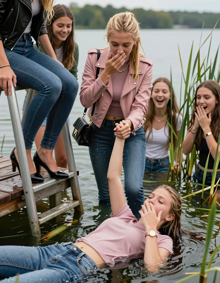 photo of young woman, in soaking wet, drenched clothes,
Heels, Completely soaked tight skinny jeans , Light pink or black biker leatherjacket, Tight turtleneck sweater belly free, handbag, pearl necklace, bracelet, wristwatch , Group of Girls with a hand on her mouth on a wooden bathing platform with a bathing ladder on a beautiful lake. The girls smiles with a sense of adventure and climbs the ladder already half submerged into the water. The water reaches up to her chest. , 
enjoying, wet clothes stuck to body,
detailed textures of the wet clothes, wet face, wet plastered hair,
wet, drenched, professional, high-quality details, full body view.
sharp focus, ultra-high pixel detail, realistic, high-quality, full colors, incredibly detailed, 4k, 8k, 16k, hyper-realistic, RAW photo, masterpiece, ultra-detailed, professionally color graded, professional photograph, Different hair styles, Blonde sleek long straight hair or sleek ponytail

19 years old  teenage girl

Laying her breast on the surface.  Looking slightly away.

One Girl inside the water with a biker leatherjacket and one hand on her mouth, hold with the other the viewer's hand, pulling them she is completely underwater up to her neck, afraid and astonished expression. 

She hides in the reeds.

her submerged clothes are hardly vusible under water, she soaked her handbag into the water. The Girls wear different clothes. 

close up view, wet skin, wet clothes, wet hair, damp fabric, water runs down the clothes, wet skin, wet clothes, damp fabric, wet skin, wet clothes, damp fabric, wet skin, wet clothes, damp fabric, wet skin, wet clothes, damp fabric, wet skin, wet clothes, damp fabric, wet skin, wet clothes, damp fabric, wet skin, wet clothes, damp fabric, wet skin, wet clothes, damp fabric, wet skin, wet clothes, damp fabric, wet skin, wet clothes, damp fabric, wet skin, wet clothes, damp fabric, wet skin, wet clothes, damp fabric, wet skin, wet clothes, damp fabric, wet skin, wet clothes, damp fabric, wet skin, wet clothes, damp fabric, wet skin, wet clothes, damp fabric, wet skin, wet clothes, damp fabric, wet skin, wet clothes, damp fabric, wet skin, wet clothes, damp fabric, wet skin, wet clothes, damp fabric, wet skin, wet clothes, damp fabric