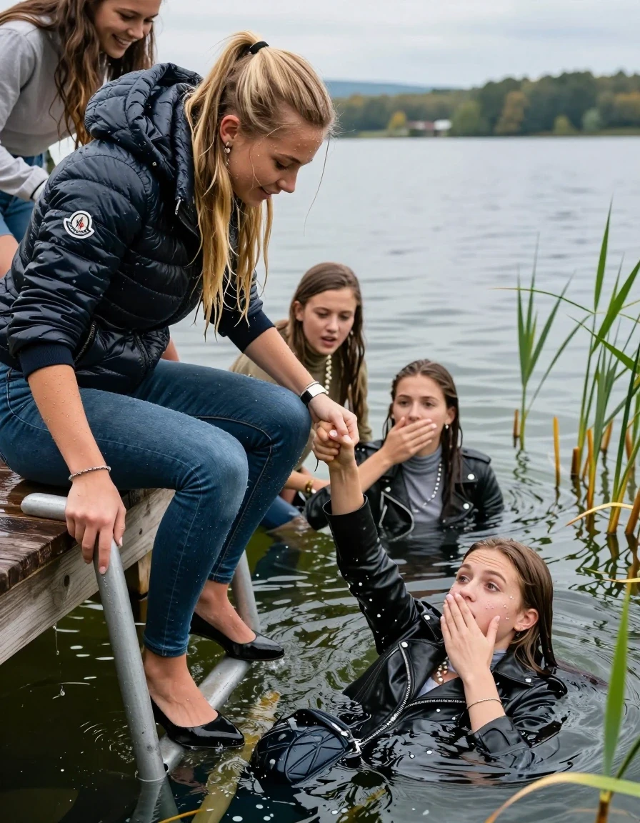 photo of young woman, in soaking wet, drenched clothes,
Heels, Completely soaked tight skinny jeans , Moncler shiny puffer down jacket, Tight turtleneck sweater belly free, handbag, pearl necklace, bracelet, wristwatch , Group of Girls with a hand on her mouth on a wooden bathing platform with a bathing ladder on a beautiful lake. The girls smiles with a sense of adventure and climbs the ladder already half submerged into the water. The water reaches up to her chest. , 
enjoying, wet clothes stuck to body,
detailed textures of the wet clothes, wet face, wet plastered hair,
wet, drenched, professional, high-quality details, full body view.
sharp focus, ultra-high pixel detail, realistic, high-quality, full colors, incredibly detailed, 4k, 8k, 16k, hyper-realistic, RAW photo, masterpiece, ultra-detailed, professionally color graded, professional photograph, Different hair styles, Blonde sleek long straight hair or sleek ponytail

19 years old  teenage girl

Laying her breast on the surface.  Looking slightly away.

One Girl inside the water with a biker leatherjacket and one hand on her mouth, hold with the other the viewer's hand, pulling them she is completely underwater up to her neck, afraid and astonished expression. 

She hides in the reeds.

her submerged clothes are hardly vusible under water, she soaked her handbag into the water. The Girls wear different clothes. 

close up view, wet skin, wet clothes, wet hair, damp fabric, water runs down the clothes, wet skin, wet clothes, damp fabric, wet skin, wet clothes, damp fabric, wet skin, wet clothes, damp fabric, wet skin, wet clothes, damp fabric, wet skin, wet clothes, damp fabric, wet skin, wet clothes, damp fabric, wet skin, wet clothes, damp fabric, wet skin, wet clothes, damp fabric, wet skin, wet clothes, damp fabric, wet skin, wet clothes, damp fabric, wet skin, wet clothes, damp fabric, wet skin, wet clothes, damp fabric, wet skin, wet clothes, damp fabric, wet skin, wet clothes, damp fabric, wet skin, wet clothes, damp fabric, wet skin, wet clothes, damp fabric, wet skin, wet clothes, damp fabric, wet skin, wet clothes, damp fabric, wet skin, wet clothes, damp fabric, wet skin, wet clothes, damp fabric, wet skin, wet clothes, damp fabric