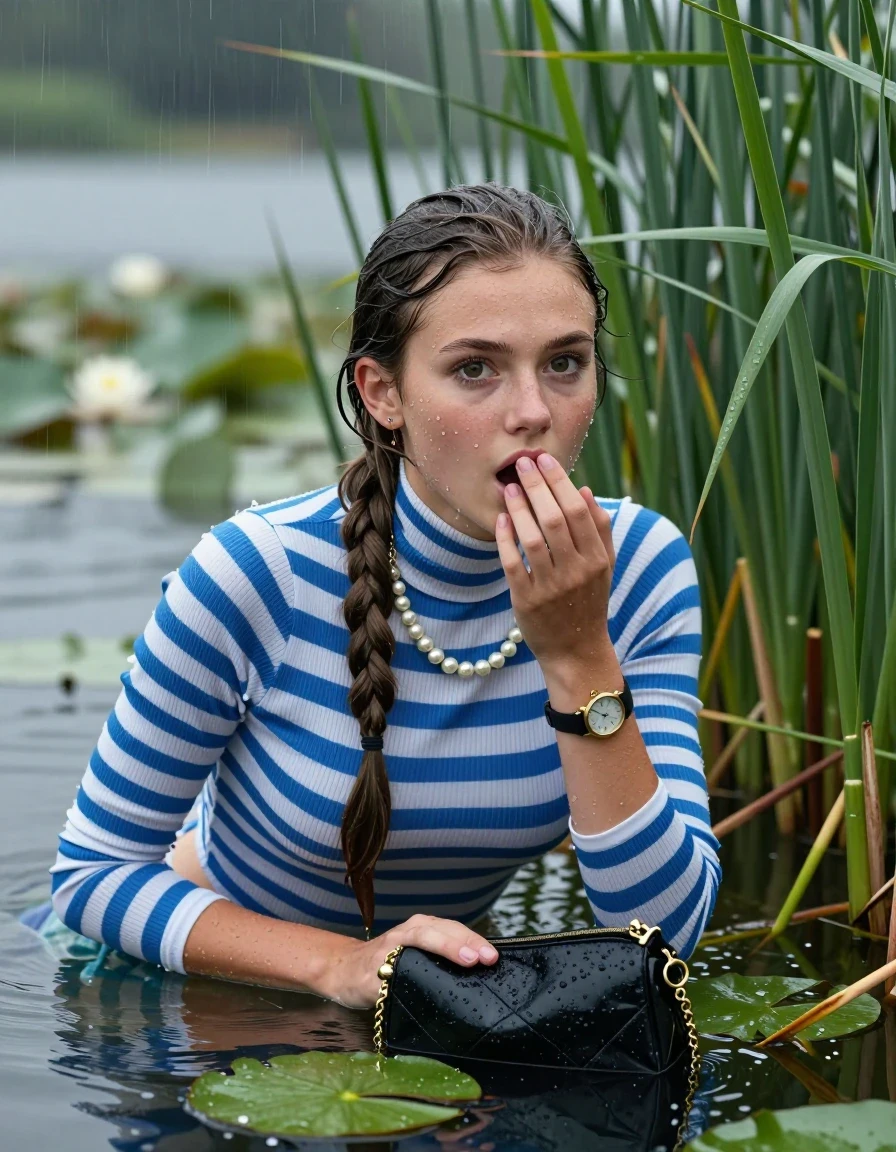 photo of young woman, in soaking wet, drenched clothes,
, , Tight blue and white striped turtleneck sweater belly free, handbag, pearl necklace, bracelet, wristwatch , Emerging after diving in a lake with water lilies and reeds, rain , 
enjoying, wet clothes stuck to body,
detailed textures of the wet clothes, wet face, wet plastered hair,
wet, drenched, professional, high-quality details, full body view.
sharp focus, ultra-high pixel detail, realistic, high-quality, full colors, incredibly detailed, 4k, 8k, 16k, hyper-realistic, RAW photo, masterpiece, ultra-detailed, professionally color graded, professional photograph, Sleek long ponytail with hairband

19 years old  teenage girl

Laying her breast on the surface.  Looking at camera. Hold her hand on mouth.

she is completely underwater up to her neck, afraid and astonished expression. 

She hides in the reeds and is surprised by spectators

her submerged clothes are hardly vusible under water, she soaked her handbag into the water

close up view, wet skin, wet clothes, wet hair, damp fabric, water runs down the clothes, wet skin, wet clothes, damp fabric, wet skin, wet clothes, damp fabric, wet skin, wet clothes, damp fabric, wet skin, wet clothes, damp fabric, wet skin, wet clothes, damp fabric, wet skin, wet clothes, damp fabric, wet skin, wet clothes, damp fabric, wet skin, wet clothes, damp fabric, wet skin, wet clothes, damp fabric, wet skin, wet clothes, damp fabric, wet skin, wet clothes, damp fabric, wet skin, wet clothes, damp fabric, wet skin, wet clothes, damp fabric, wet skin, wet clothes, damp fabric, wet skin, wet clothes, damp fabric, wet skin, wet clothes, damp fabric, wet skin, wet clothes, damp fabric