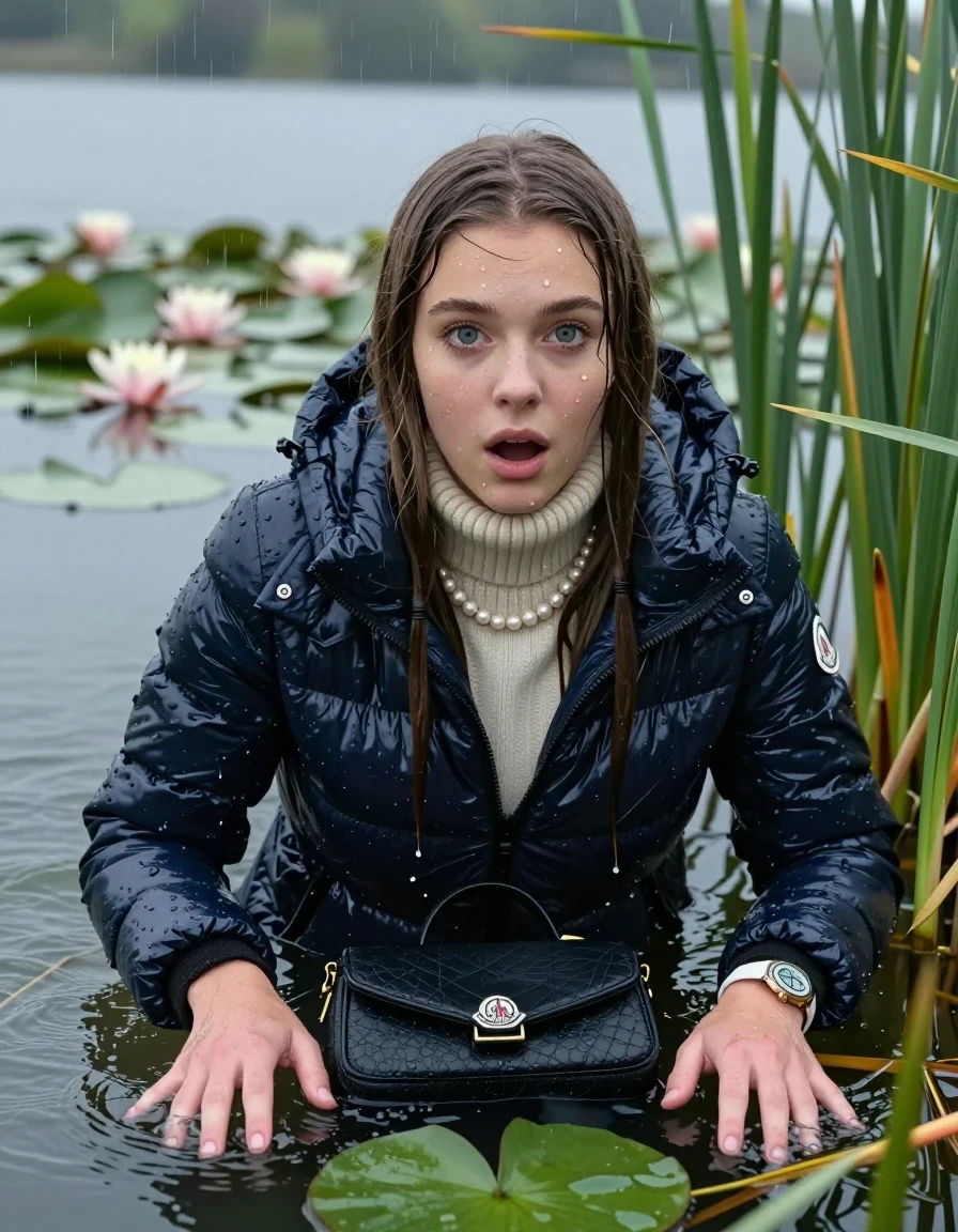 photo of young woman, in soaking wet, drenched clothes,
, , Moncler shiny Puffer down jacket,  knit turtleneck sweater, handbag, pearl necklace, bracelet, wristwatch , Emerging after diving in a lake with water lilies and reeds, rain , 
enjoying, wet clothes stuck to body,
detailed textures of the wet clothes, wet face, wet plastered hair,
wet, drenched, professional, high-quality details, full body view.
sharp focus, ultra-high pixel detail, realistic, high-quality, full colors, incredibly detailed, 4k, 8k, 16k, hyper-realistic, RAW photo, masterpiece, ultra-detailed, professionally color graded, professional photograph, Sleek long straight hair 

19 years old  teenage girl

Laying her breast on the surface.  Looking at camera.

she is completely underwater up to her neck, stupified shocked expression. 

She hides in the reeds and is surprised by spectators

her submerged clothes are hardly vusible under water, she soaked her handbag into the water

close up view, wet skin, wet clothes, wet hair, damp fabric, water runs down the clothes, wet skin, wet clothes, damp fabric, wet skin, wet clothes, damp fabric, wet skin, wet clothes, damp fabric, wet skin, wet clothes, damp fabric, wet skin, wet clothes, damp fabric, wet skin, wet clothes, damp fabric, wet skin, wet clothes, damp fabric, wet skin, wet clothes, damp fabric, wet skin, wet clothes, damp fabric, wet skin, wet clothes, damp fabric, wet skin, wet clothes, damp fabric, wet skin, wet clothes, damp fabric, wet skin, wet clothes, damp fabric, wet skin, wet clothes, damp fabric, wet skin, wet clothes, damp fabric, wet skin, wet clothes, damp fabric, wet skin, wet clothes, damp fabric