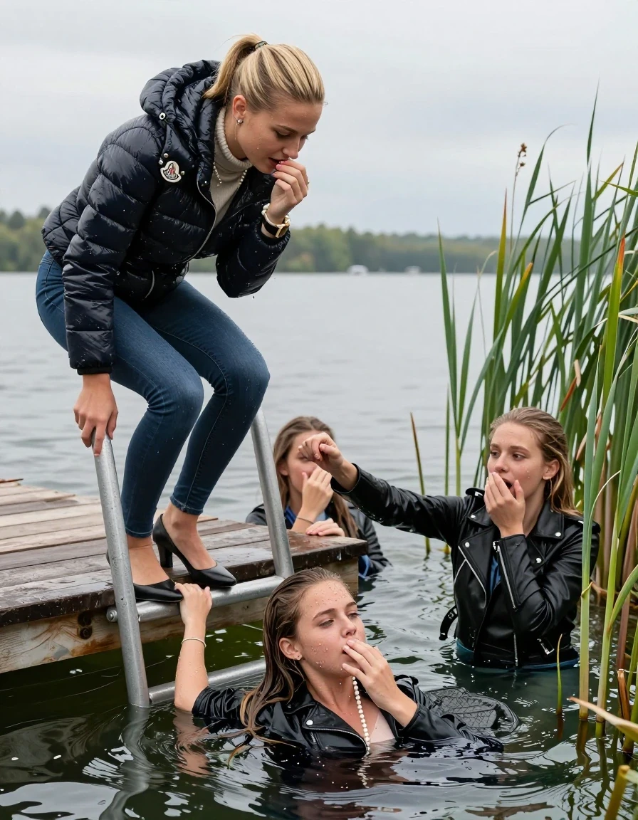 photo of young woman, in soaking wet, drenched clothes,
Heels, Completely soaked tight skinny jeans, Moncler shiny Puffer down jacket, Tight turtleneck sweater belly free, handbag, pearl necklace, bracelet, wristwatch , Three Girls on a wooden bathing platform with a bathing ladder on a beautiful lake. The girls smiles with a sense of adventure and climbs the ladder into the water. The water reaches up to her chest., 
enjoying, wet clothes stuck to body,
detailed textures of the wet clothes, wet face, wet plastered hair,
wet, drenched, professional, high-quality details, full body view.
sharp focus, ultra-high pixel detail, realistic, high-quality, full colors, incredibly detailed, 4k, 8k, 16k, hyper-realistic, RAW photo, masterpiece, ultra-detailed, professionally color graded, professional photograph, Blond sleek long straight hair, sleek ponytail 

19 years old  teenage girl

Laying her breast on the surface.  Looking slightly away. Hold her hand over mouth.

One Girl inside the water with a black biker leatherjacket and one hand on her mouth, hold with the other the viewer's hand, pulling them she is completely underwater up to her neck, afraid and astonished expression. 

She hides in the reeds.

her submerged clothes are hardly vusible under water, she soaked her handbag into the water. The Girls wear different clothes. 

close up view, wet skin, wet clothes, wet hair, damp fabric, water runs down the clothes, wet skin, wet clothes, damp fabric, wet skin, wet clothes, damp fabric, wet skin, wet clothes, damp fabric, wet skin, wet clothes, damp fabric, wet skin, wet clothes, damp fabric, wet skin, wet clothes, damp fabric, wet skin, wet clothes, damp fabric, wet skin, wet clothes, damp fabric, wet skin, wet clothes, damp fabric, wet skin, wet clothes, damp fabric, wet skin, wet clothes, damp fabric, wet skin, wet clothes, damp fabric, wet skin, wet clothes, damp fabric, wet skin, wet clothes, damp fabric, wet skin, wet clothes, damp fabric, wet skin, wet clothes, damp fabric, wet skin, wet clothes, damp fabric, wet skin, wet clothes, damp fabric, wet skin, wet clothes, damp fabric, wet skin, wet clothes, damp fabric