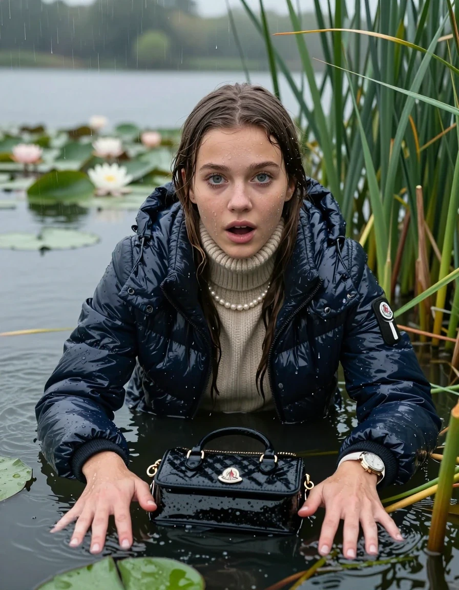 photo of young woman, in soaking wet, drenched clothes,
, , Moncler shiny Puffer down jacket,  knit turtleneck sweater, handbag, pearl necklace, bracelet, wristwatch , Emerging after diving in a lake with water lilies and reeds, rain , 
enjoying, wet clothes stuck to body,
detailed textures of the wet clothes, wet face, wet plastered hair,
wet, drenched, professional, high-quality details, full body view.
sharp focus, ultra-high pixel detail, realistic, high-quality, full colors, incredibly detailed, 4k, 8k, 16k, hyper-realistic, RAW photo, masterpiece, ultra-detailed, professionally color graded, professional photograph, Sleek long straight hair 

19 years old  teenage girl

Laying her breast on the surface.  Looking at camera.

she is completely underwater up to her neck, stupified shocked expression. 

She hides in the reeds and is surprised by spectators

her submerged clothes are hardly vusible under water, she soaked her handbag into the water

close up view, wet skin, wet clothes, wet hair, damp fabric, water runs down the clothes, wet skin, wet clothes, damp fabric, wet skin, wet clothes, damp fabric, wet skin, wet clothes, damp fabric, wet skin, wet clothes, damp fabric, wet skin, wet clothes, damp fabric, wet skin, wet clothes, damp fabric, wet skin, wet clothes, damp fabric, wet skin, wet clothes, damp fabric, wet skin, wet clothes, damp fabric, wet skin, wet clothes, damp fabric, wet skin, wet clothes, damp fabric, wet skin, wet clothes, damp fabric, wet skin, wet clothes, damp fabric, wet skin, wet clothes, damp fabric, wet skin, wet clothes, damp fabric, wet skin, wet clothes, damp fabric, wet skin, wet clothes, damp fabric