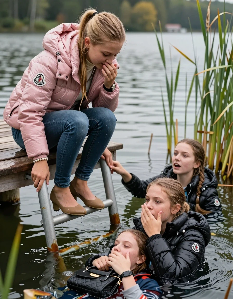 photo of young woman, in soaking wet, drenched clothes,
Heels, Completely soaked tight skinny jeans, Moncler pink shiny Puffer down jacket, Tight turtleneck sweater belly free, handbag, pearl necklace, bracelet, wristwatch , Three Girls on a wooden bathing platform with a bathing ladder on a beautiful lake. The girls smiles with a sense of adventure and climbs half submerged the ladder into the water. The water reaches up to her chest., 
enjoying, wet clothes stuck to body,
detailed textures of the wet clothes, wet face, wet plastered hair,
wet, drenched, professional, high-quality details, full body view.
sharp focus, ultra-high pixel detail, realistic, high-quality, full colors, incredibly detailed, 4k, 8k, 16k, hyper-realistic, RAW photo, masterpiece, ultra-detailed, professionally color graded, professional photograph, Blond sleek long straight hair, sleek ponytail 

15 years old  teenage girl

Laying her breast on the surface.  Looking slightly away. Hold her hand over her mouth and nose.

One Girl inside the water with a black moncler puffer shiny down jacket and one hand on her mouth, hold with the other the viewer's hand, pulling them she is completely underwater up to her neck, afraid and astonished expression. 

She hides in the reeds.

her submerged clothes are hardly vusible under water, she soaked her handbag into the water. The Girls wear different clothes. 

close up view, wet skin, wet clothes, wet hair, damp fabric, water runs down the clothes, wet skin, wet clothes, damp fabric, wet skin, wet clothes, damp fabric, wet skin, wet clothes, damp fabric, wet skin, wet clothes, damp fabric, wet skin, wet clothes, damp fabric, wet skin, wet clothes, damp fabric, wet skin, wet clothes, damp fabric, wet skin, wet clothes, damp fabric, wet skin, wet clothes, damp fabric, wet skin, wet clothes, damp fabric, wet skin, wet clothes, damp fabric, wet skin, wet clothes, damp fabric, wet skin, wet clothes, damp fabric, wet skin, wet clothes, damp fabric, wet skin, wet clothes, damp fabric, wet skin, wet clothes, damp fabric, wet skin, wet clothes, damp fabric, wet skin, wet clothes, damp fabric, wet skin, wet clothes, damp fabric, wet skin, wet clothes, damp fabric