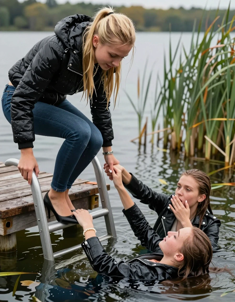 photo of young woman, in soaking wet, drenched clothes,
Heels, Completely soaked tight skinny jeans, Moncler shiny Puffer down jacket, Tight turtleneck sweater belly free, handbag, pearl necklace, bracelet, wristwatch , Three Girls on a wooden bathing platform with a bathing ladder on a beautiful lake. The girls smiles with a sense of adventure and climbs the ladder into the water. The water reaches up to her chest., 
enjoying, wet clothes stuck to body,
detailed textures of the wet clothes, wet face, wet plastered hair,
wet, drenched, professional, high-quality details, full body view.
sharp focus, ultra-high pixel detail, realistic, high-quality, full colors, incredibly detailed, 4k, 8k, 16k, hyper-realistic, RAW photo, masterpiece, ultra-detailed, professionally color graded, professional photograph, Blond sleek long straight hair, sleek ponytail 

19 years old  teenage girl

Laying her breast on the surface.  Looking slightly away. Hold her hand over her face.

One Girl inside the water with a black biker leatherjacket and one hand on her mouth, hold with the other the viewer's hand, pulling them she is completely underwater up to her neck, afraid and astonished expression. 

She hides in the reeds.

her submerged clothes are hardly vusible under water, she soaked her handbag into the water. The Girls wear different clothes. 

close up view, wet skin, wet clothes, wet hair, damp fabric, water runs down the clothes, wet skin, wet clothes, damp fabric, wet skin, wet clothes, damp fabric, wet skin, wet clothes, damp fabric, wet skin, wet clothes, damp fabric, wet skin, wet clothes, damp fabric, wet skin, wet clothes, damp fabric, wet skin, wet clothes, damp fabric, wet skin, wet clothes, damp fabric, wet skin, wet clothes, damp fabric, wet skin, wet clothes, damp fabric, wet skin, wet clothes, damp fabric, wet skin, wet clothes, damp fabric, wet skin, wet clothes, damp fabric, wet skin, wet clothes, damp fabric, wet skin, wet clothes, damp fabric, wet skin, wet clothes, damp fabric, wet skin, wet clothes, damp fabric, wet skin, wet clothes, damp fabric, wet skin, wet clothes, damp fabric, wet skin, wet clothes, damp fabric