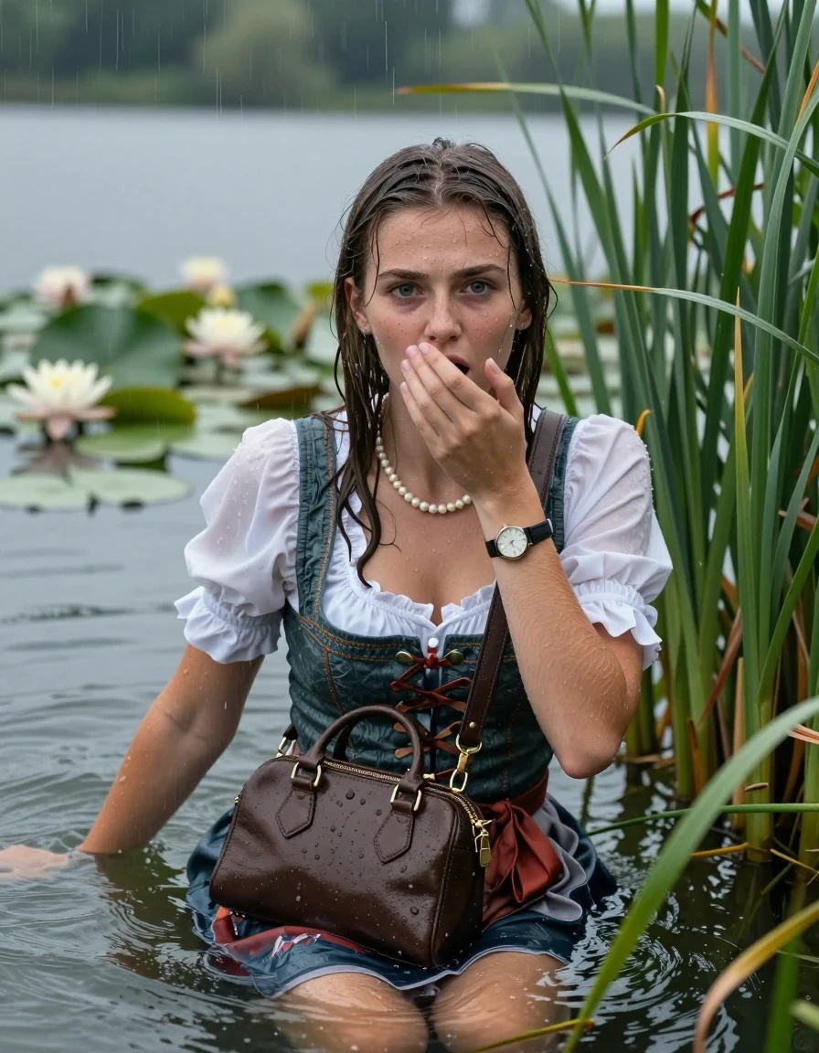 photo of young woman, in soaking wet, drenched clothes,
, , Short Dirndl, handbag, pearl necklace, bracelet, wristwatch , Emerging after diving in a lake with water lilies and reeds, rain , 
enjoying, wet clothes stuck to body,
detailed textures of the wet clothes, wet face, wet plastered hair,
wet, drenched, professional, high-quality details, full body view.
sharp focus, ultra-high pixel detail, realistic, high-quality, full colors, incredibly detailed, 4k, 8k, 16k, hyper-realistic, RAW photo, masterpiece, ultra-detailed, professionally color graded, professional photograph, Sleek long straight hair 

19 years old  teenage girl

Laying her breast on the surface.  Looking at camera. Hold her hand on mouth.

she is completely underwater up to her neck, stupified shocked expression. 

She hides in the reeds and is surprised by spectators

her submerged clothes are hardly vusible under water, she soaked her handbag into the water

close up view, wet skin, wet clothes, wet hair, damp fabric, water runs down the clothes, wet skin, wet clothes, damp fabric, wet skin, wet clothes, damp fabric, wet skin, wet clothes, damp fabric, wet skin, wet clothes, damp fabric, wet skin, wet clothes, damp fabric, wet skin, wet clothes, damp fabric, wet skin, wet clothes, damp fabric, wet skin, wet clothes, damp fabric, wet skin, wet clothes, damp fabric, wet skin, wet clothes, damp fabric, wet skin, wet clothes, damp fabric, wet skin, wet clothes, damp fabric, wet skin, wet clothes, damp fabric, wet skin, wet clothes, damp fabric, wet skin, wet clothes, damp fabric, wet skin, wet clothes, damp fabric, wet skin, wet clothes, damp fabric