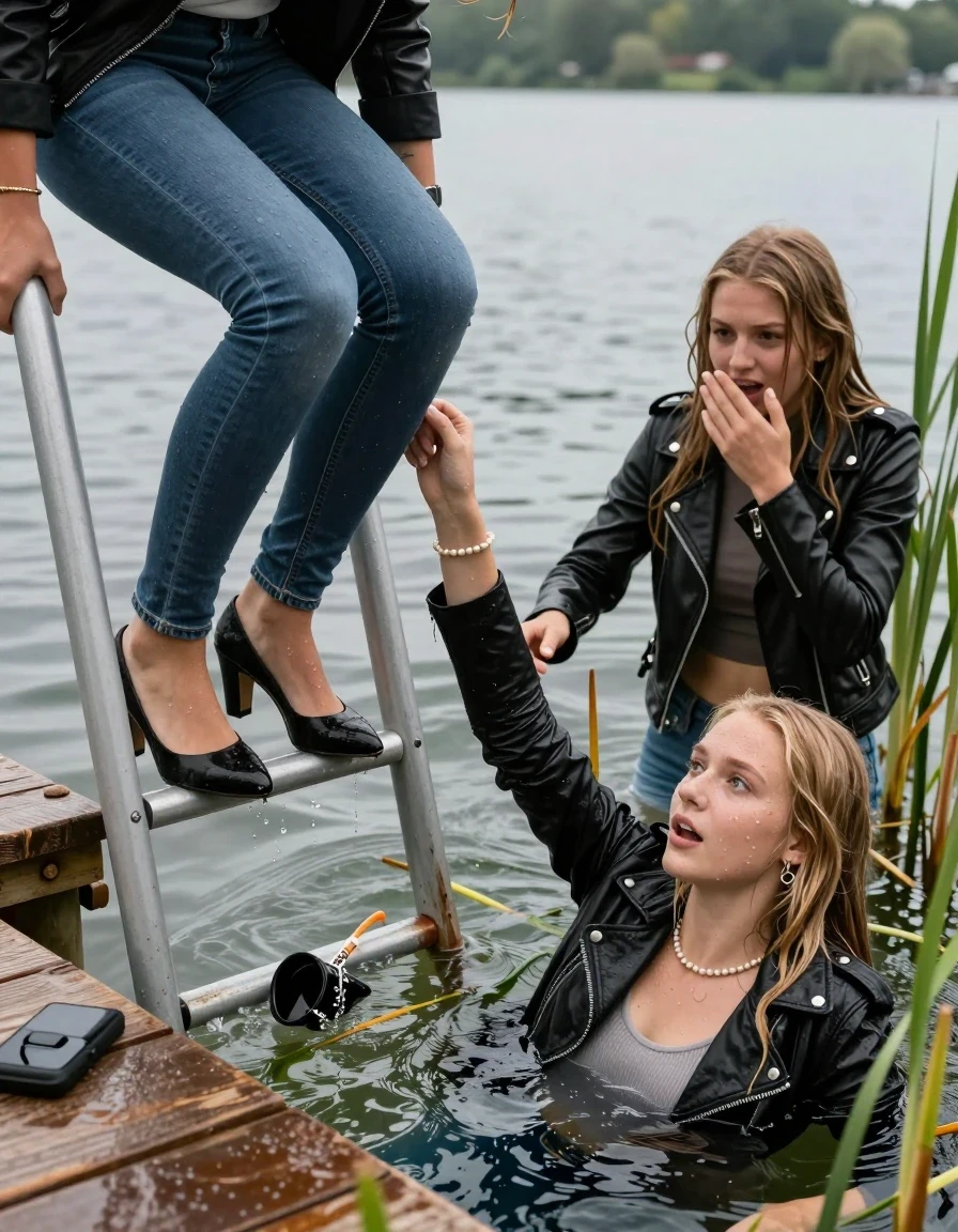 photo of young woman, in soaking wet, drenched clothes,
Heels, Completely soaked tight skinny jeans , Black biker leatherjacket, Tight turtleneck sweater belly free, handbag, pearl necklace, bracelet, wristwatch , Two Girls on a wooden bathing platform with a bathing ladder on a beautiful lake. The girls smiles with a sense of adventure and climbs the ladder into the water. The water reaches up to her chest., 
enjoying, wet clothes stuck to body,
detailed textures of the wet clothes, wet face, wet plastered hair,
wet, drenched, professional, high-quality details, full body view.
sharp focus, ultra-high pixel detail, realistic, high-quality, full colors, incredibly detailed, 4k, 8k, 16k, hyper-realistic, RAW photo, masterpiece, ultra-detailed, professionally color graded, professional photograph, Blond sleek long straight hair

19 years old  teenage girl

Laying her breast on the surface.  Looking slightly away. Hold her hand over mouth.

One Girl inside the water with a black biker leatherjacket and one hand on her mouth, hold with the other the viewer's hand, pulling them she is completely underwater up to her neck, afraid and astonished expression. 

She hides in the reeds.

her submerged clothes are hardly vusible under water, she soaked her handbag into the water. The Girls wear different clothes. 

close up view, wet skin, wet clothes, wet hair, damp fabric, water runs down the clothes, wet skin, wet clothes, damp fabric, wet skin, wet clothes, damp fabric, wet skin, wet clothes, damp fabric, wet skin, wet clothes, damp fabric, wet skin, wet clothes, damp fabric, wet skin, wet clothes, damp fabric, wet skin, wet clothes, damp fabric, wet skin, wet clothes, damp fabric, wet skin, wet clothes, damp fabric, wet skin, wet clothes, damp fabric, wet skin, wet clothes, damp fabric, wet skin, wet clothes, damp fabric, wet skin, wet clothes, damp fabric, wet skin, wet clothes, damp fabric, wet skin, wet clothes, damp fabric, wet skin, wet clothes, damp fabric, wet skin, wet clothes, damp fabric, wet skin, wet clothes, damp fabric, wet skin, wet clothes, damp fabric