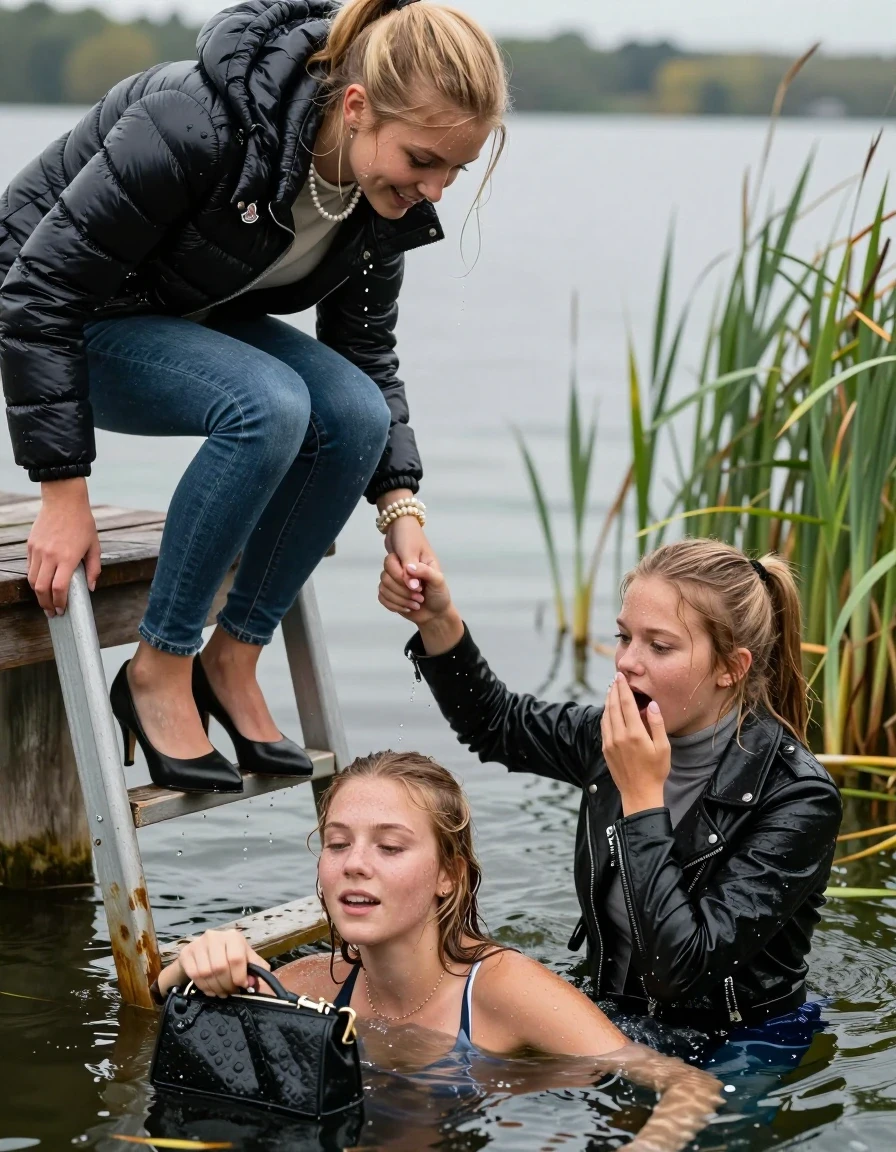 photo of young woman, in soaking wet, drenched clothes,
Heels, Completely soaked tight skinny jeans, Moncler shiny Puffer down jacket, Tight turtleneck sweater belly free, handbag, pearl necklace, bracelet, wristwatch , Three Girls on a wooden bathing platform with a bathing ladder on a beautiful lake. The girls smiles with a sense of adventure and climbs the ladder into the water. The water reaches up to her chest., 
enjoying, wet clothes stuck to body,
detailed textures of the wet clothes, wet face, wet plastered hair,
wet, drenched, professional, high-quality details, full body view.
sharp focus, ultra-high pixel detail, realistic, high-quality, full colors, incredibly detailed, 4k, 8k, 16k, hyper-realistic, RAW photo, masterpiece, ultra-detailed, professionally color graded, professional photograph, Blond sleek long straight hair, sleek ponytail 

19 years old  teenage girl

Laying her breast on the surface.  Looking slightly away. Hold her hand over mouth.

One Girl inside the water with a black biker leatherjacket and one hand on her mouth, hold with the other the viewer's hand, pulling them she is completely underwater up to her neck, afraid and astonished expression. 

She hides in the reeds.

her submerged clothes are hardly vusible under water, she soaked her handbag into the water. The Girls wear different clothes. 

close up view, wet skin, wet clothes, wet hair, damp fabric, water runs down the clothes, wet skin, wet clothes, damp fabric, wet skin, wet clothes, damp fabric, wet skin, wet clothes, damp fabric, wet skin, wet clothes, damp fabric, wet skin, wet clothes, damp fabric, wet skin, wet clothes, damp fabric, wet skin, wet clothes, damp fabric, wet skin, wet clothes, damp fabric, wet skin, wet clothes, damp fabric, wet skin, wet clothes, damp fabric, wet skin, wet clothes, damp fabric, wet skin, wet clothes, damp fabric, wet skin, wet clothes, damp fabric, wet skin, wet clothes, damp fabric, wet skin, wet clothes, damp fabric, wet skin, wet clothes, damp fabric, wet skin, wet clothes, damp fabric, wet skin, wet clothes, damp fabric, wet skin, wet clothes, damp fabric, wet skin, wet clothes, damp fabric