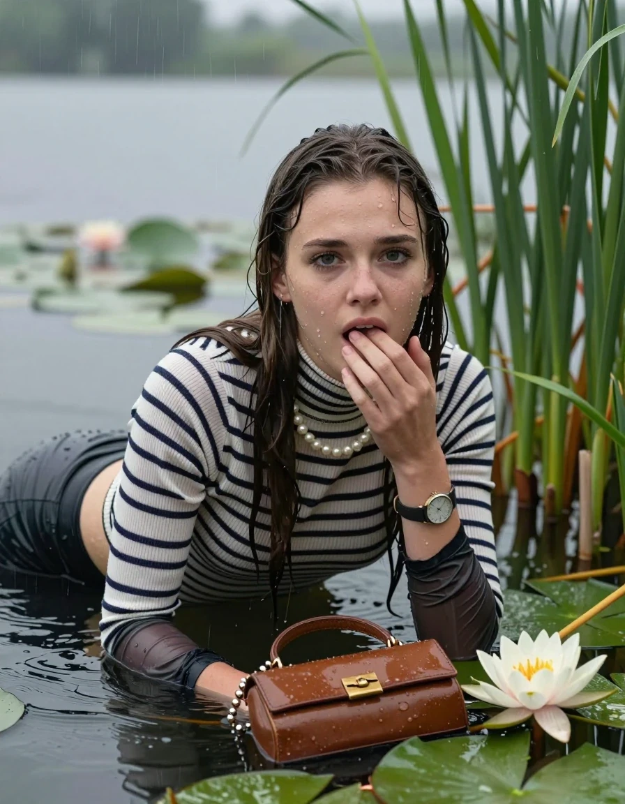 photo of young woman, in soaking wet, drenched clothes,
, , Tight striped turtleneck sweater belly free, handbag, pearl necklace, bracelet, wristwatch , Emerging after diving in a lake with water lilies and reeds, rain , 
enjoying, wet clothes stuck to body,
detailed textures of the wet clothes, wet face, wet plastered hair,
wet, drenched, professional, high-quality details, full body view.
sharp focus, ultra-high pixel detail, realistic, high-quality, full colors, incredibly detailed, 4k, 8k, 16k, hyper-realistic, RAW photo, masterpiece, ultra-detailed, professionally color graded, professional photograph, Sleek long straight hair 

19 years old  teenage girl

Laying her breast on the surface.  Looking at camera. Hold her hand on mouth.

she is completely underwater up to her neck, afraid and astonished expression. 

She hides in the reeds and is surprised by spectators

her submerged clothes are hardly vusible under water, she soaked her handbag into the water

close up view, wet skin, wet clothes, wet hair, damp fabric, water runs down the clothes, wet skin, wet clothes, damp fabric, wet skin, wet clothes, damp fabric, wet skin, wet clothes, damp fabric, wet skin, wet clothes, damp fabric, wet skin, wet clothes, damp fabric, wet skin, wet clothes, damp fabric, wet skin, wet clothes, damp fabric, wet skin, wet clothes, damp fabric, wet skin, wet clothes, damp fabric, wet skin, wet clothes, damp fabric, wet skin, wet clothes, damp fabric, wet skin, wet clothes, damp fabric, wet skin, wet clothes, damp fabric, wet skin, wet clothes, damp fabric, wet skin, wet clothes, damp fabric, wet skin, wet clothes, damp fabric, wet skin, wet clothes, damp fabric