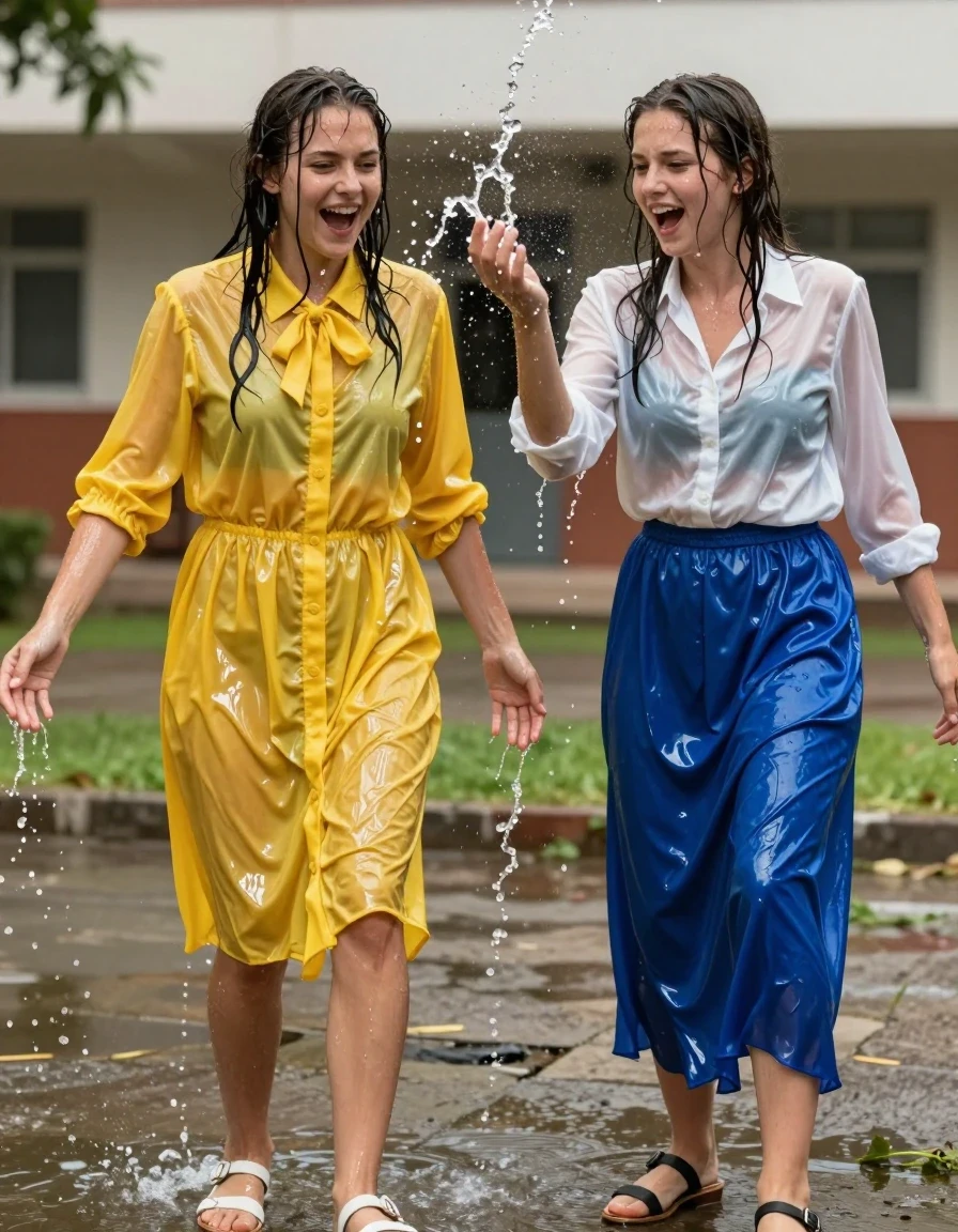A photorealistic action shot of two young adult European women, who are nerdy teachers, standing in an empty school backyard. The first woman is wearing an oversized yellow buttoned-down nylon dress with a bowtie; the second woman is wearing a white long-sleeved satin blouse and a maxi blue silk skirt. Both women are wearing sandals. The teachers are playfully splashing water on each other, resulting in a drenched, wetlook aesthetic. Both women have wet, clinging hair and glistening, water-slicked skin. Their clothing is heavily soaked, with the yellow nylon dress and blue silk skirt appearing significantly darker, translucent, and clinging to their bodies with heavy, water-laden folds and high-gloss specular reflections from the water sheen. The white satin blouse is semi-transparent and saturated, showing deep wet texture. The scene is captured with a high-shutter-speed camera, freezing the motion of water droplets mid-air. Natural daylight illuminates the wet surfaces, highlighting the vibrant colors of the saturated fabrics and the realistic weight of the soaked materials. High-resolution, cinematic lighting, sharp focus on expressions of joyful surprise.