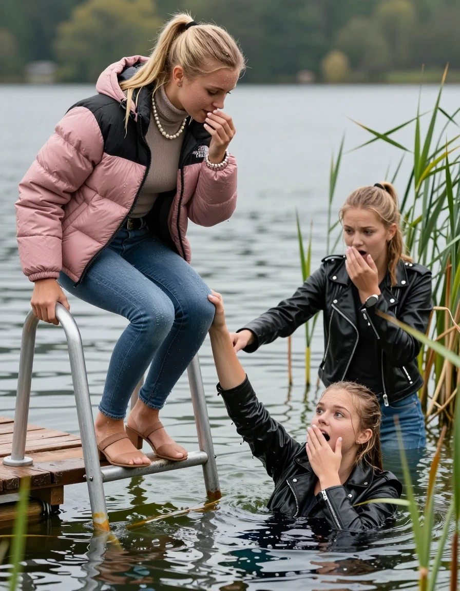 photo of young woman, in soaking wet, drenched clothes,
Heels, Completely soaked tight skinny jeans, Pink Puffer down jacket from north face, Tight turtleneck sweater belly free, handbag, pearl necklace, bracelet, wristwatch , Three Girls on a wooden bathing platform with a bathing ladder on a beautiful lake. The girls smiles with a sense of adventure and climbs the ladder into the water. The water reaches up to her chest., 
enjoying, wet clothes stuck to body,
detailed textures of the wet clothes, wet face, wet plastered hair,
wet, drenched, professional, high-quality details, full body view.
sharp focus, ultra-high pixel detail, realistic, high-quality, full colors, incredibly detailed, 4k, 8k, 16k, hyper-realistic, RAW photo, masterpiece, ultra-detailed, professionally color graded, professional photograph, Blond sleek long straight hair, sleek ponytail 

19 years old  teenage girl

Laying her breast on the surface.  Looking slightly away. Hold her hand over mouth.

One Girl inside the water with a black biker leatherjacket and one hand on her mouth, hold with the other the viewer's hand, pulling them she is completely underwater up to her neck, afraid and astonished expression. 

She hides in the reeds.

her submerged clothes are hardly vusible under water, she soaked her handbag into the water. The Girls wear different clothes. 

close up view, wet skin, wet clothes, wet hair, damp fabric, water runs down the clothes, wet skin, wet clothes, damp fabric, wet skin, wet clothes, damp fabric, wet skin, wet clothes, damp fabric, wet skin, wet clothes, damp fabric, wet skin, wet clothes, damp fabric, wet skin, wet clothes, damp fabric, wet skin, wet clothes, damp fabric, wet skin, wet clothes, damp fabric, wet skin, wet clothes, damp fabric, wet skin, wet clothes, damp fabric, wet skin, wet clothes, damp fabric, wet skin, wet clothes, damp fabric, wet skin, wet clothes, damp fabric, wet skin, wet clothes, damp fabric, wet skin, wet clothes, damp fabric, wet skin, wet clothes, damp fabric, wet skin, wet clothes, damp fabric, wet skin, wet clothes, damp fabric, wet skin, wet clothes, damp fabric