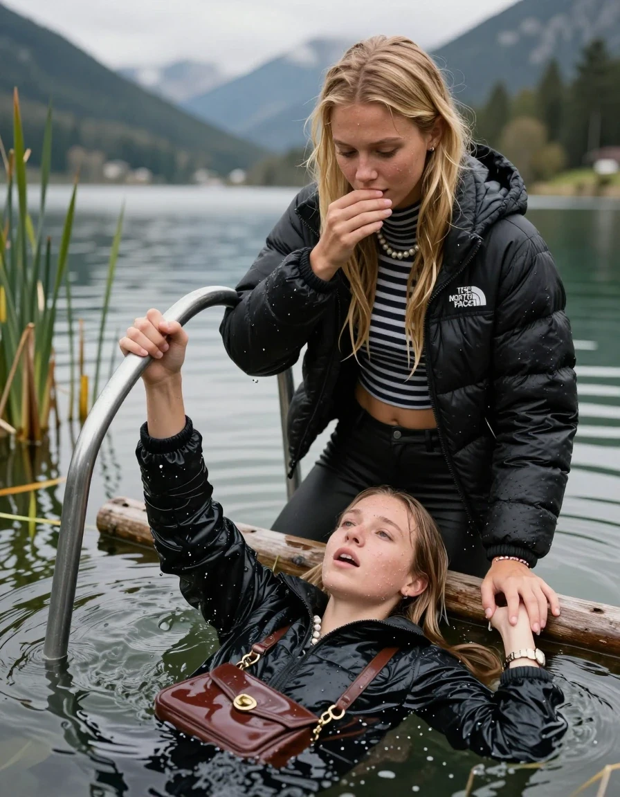 photo of young woman, in soaking wet, drenched clothes,
, Black leatherleggings , Black Puffer down jacket from north face, Tight striped turtleneck sweater belly free, handbag, pearl necklace, bracelet, wristwatch , on a wooden bathing platform with a bathing ladder on a beautiful mountain lake. The woman smiles with a sense of adventure and climbs the ladder into the water. The water reaches up to her chest., 
enjoying, wet clothes stuck to body,
detailed textures of the wet clothes, wet face, wet plastered hair,
wet, drenched, professional, high-quality details, full body view.
sharp focus, ultra-high pixel detail, realistic, high-quality, full colors, incredibly detailed, 4k, 8k, 16k, hyper-realistic, RAW photo, masterpiece, ultra-detailed, professionally color graded, professional photograph, Blond sleek long straight hair

19 years old  teenage girl

Laying her breast on the surface.  Looking slightly away. Hold her hand over mouth.

One Girl inside the water 0ne hand on her mouth, hold with the other the viewer's hand, pulling them she is completely underwater up to her neck, afraid and astonished expression. 

She hides in the reeds.

her submerged clothes are hardly vusible under water, she soaked her handbag into the water. The Girls wear different clothes. 

close up view, wet skin, wet clothes, wet hair, damp fabric, water runs down the clothes, wet skin, wet clothes, damp fabric, wet skin, wet clothes, damp fabric, wet skin, wet clothes, damp fabric, wet skin, wet clothes, damp fabric, wet skin, wet clothes, damp fabric, wet skin, wet clothes, damp fabric, wet skin, wet clothes, damp fabric, wet skin, wet clothes, damp fabric, wet skin, wet clothes, damp fabric, wet skin, wet clothes, damp fabric, wet skin, wet clothes, damp fabric, wet skin, wet clothes, damp fabric, wet skin, wet clothes, damp fabric, wet skin, wet clothes, damp fabric, wet skin, wet clothes, damp fabric, wet skin, wet clothes, damp fabric, wet skin, wet clothes, damp fabric, wet skin, wet clothes, damp fabric, wet skin, wet clothes, damp fabric
