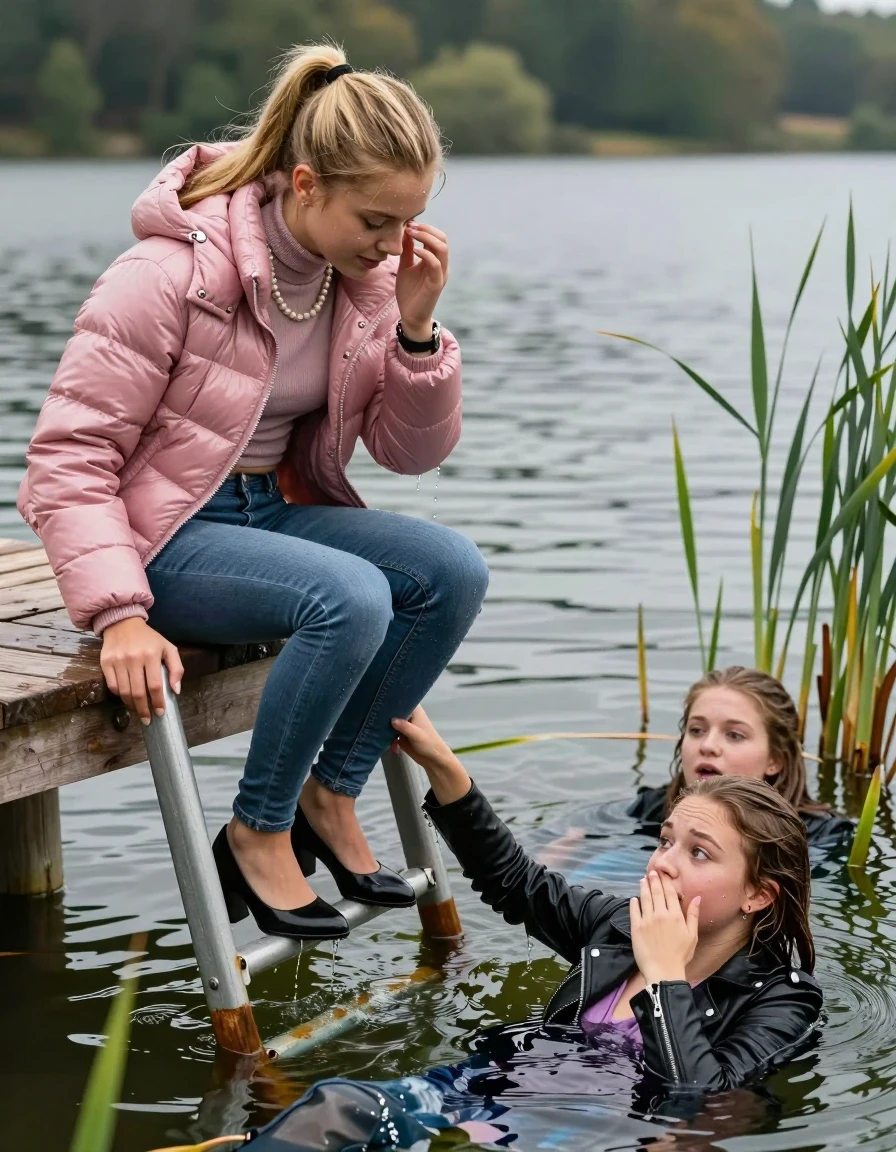 photo of young woman, in soaking wet, drenched clothes,
Heels, Completely soaked tight skinny jeans, Moncler pink shiny Puffer down jacket, Tight turtleneck sweater belly free, handbag, pearl necklace, bracelet, wristwatch , Three Girls on a wooden bathing platform with a bathing ladder on a beautiful lake. The girls smiles with a sense of adventure and climbs half submerged the ladder into the water. The water reaches up to her chest., 
enjoying, wet clothes stuck to body,
detailed textures of the wet clothes, wet face, wet plastered hair,
wet, drenched, professional, high-quality details, full body view.
sharp focus, ultra-high pixel detail, realistic, high-quality, full colors, incredibly detailed, 4k, 8k, 16k, hyper-realistic, RAW photo, masterpiece, ultra-detailed, professionally color graded, professional photograph, Blond sleek long straight hair, sleek ponytail 

15 years old  teenage girl

Laying her breast on the surface.  Looking slightly away. Hold her hand over her face.

One Girl inside the water with a black biker leatherjacket and one hand on her mouth, hold with the other the viewer's hand, pulling them she is completely underwater up to her neck, afraid and astonished expression. 

She hides in the reeds.

her submerged clothes are hardly vusible under water, she soaked her handbag into the water. The Girls wear different clothes. 

close up view, wet skin, wet clothes, wet hair, damp fabric, water runs down the clothes, wet skin, wet clothes, damp fabric, wet skin, wet clothes, damp fabric, wet skin, wet clothes, damp fabric, wet skin, wet clothes, damp fabric, wet skin, wet clothes, damp fabric, wet skin, wet clothes, damp fabric, wet skin, wet clothes, damp fabric, wet skin, wet clothes, damp fabric, wet skin, wet clothes, damp fabric, wet skin, wet clothes, damp fabric, wet skin, wet clothes, damp fabric, wet skin, wet clothes, damp fabric, wet skin, wet clothes, damp fabric, wet skin, wet clothes, damp fabric, wet skin, wet clothes, damp fabric, wet skin, wet clothes, damp fabric, wet skin, wet clothes, damp fabric, wet skin, wet clothes, damp fabric, wet skin, wet clothes, damp fabric, wet skin, wet clothes, damp fabric