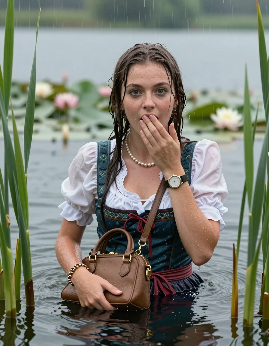 photo of young woman, in soaking wet, drenched clothes,
, , Short Dirndl, handbag, pearl necklace, bracelet, wristwatch , Emerging after diving in a lake with water lilies and reeds, rain , 
enjoying, wet clothes stuck to body,
detailed textures of the wet clothes, wet face, wet plastered hair,
wet, drenched, professional, high-quality details, full body view.
sharp focus, ultra-high pixel detail, realistic, high-quality, full colors, incredibly detailed, 4k, 8k, 16k, hyper-realistic, RAW photo, masterpiece, ultra-detailed, professionally color graded, professional photograph, Sleek long straight hair 

19 years old  teenage girl

Laying her breast on the surface.  Looking at camera. Hold her hand on mouth.

she is completely underwater up to her neck, stupified shocked expression. 

She hides in the reeds and is surprised by spectators

her submerged clothes are hardly vusible under water, she soaked her handbag into the water

close up view, wet skin, wet clothes, wet hair, damp fabric, water runs down the clothes, wet skin, wet clothes, damp fabric, wet skin, wet clothes, damp fabric, wet skin, wet clothes, damp fabric, wet skin, wet clothes, damp fabric, wet skin, wet clothes, damp fabric, wet skin, wet clothes, damp fabric, wet skin, wet clothes, damp fabric, wet skin, wet clothes, damp fabric, wet skin, wet clothes, damp fabric, wet skin, wet clothes, damp fabric, wet skin, wet clothes, damp fabric, wet skin, wet clothes, damp fabric, wet skin, wet clothes, damp fabric, wet skin, wet clothes, damp fabric, wet skin, wet clothes, damp fabric, wet skin, wet clothes, damp fabric, wet skin, wet clothes, damp fabric