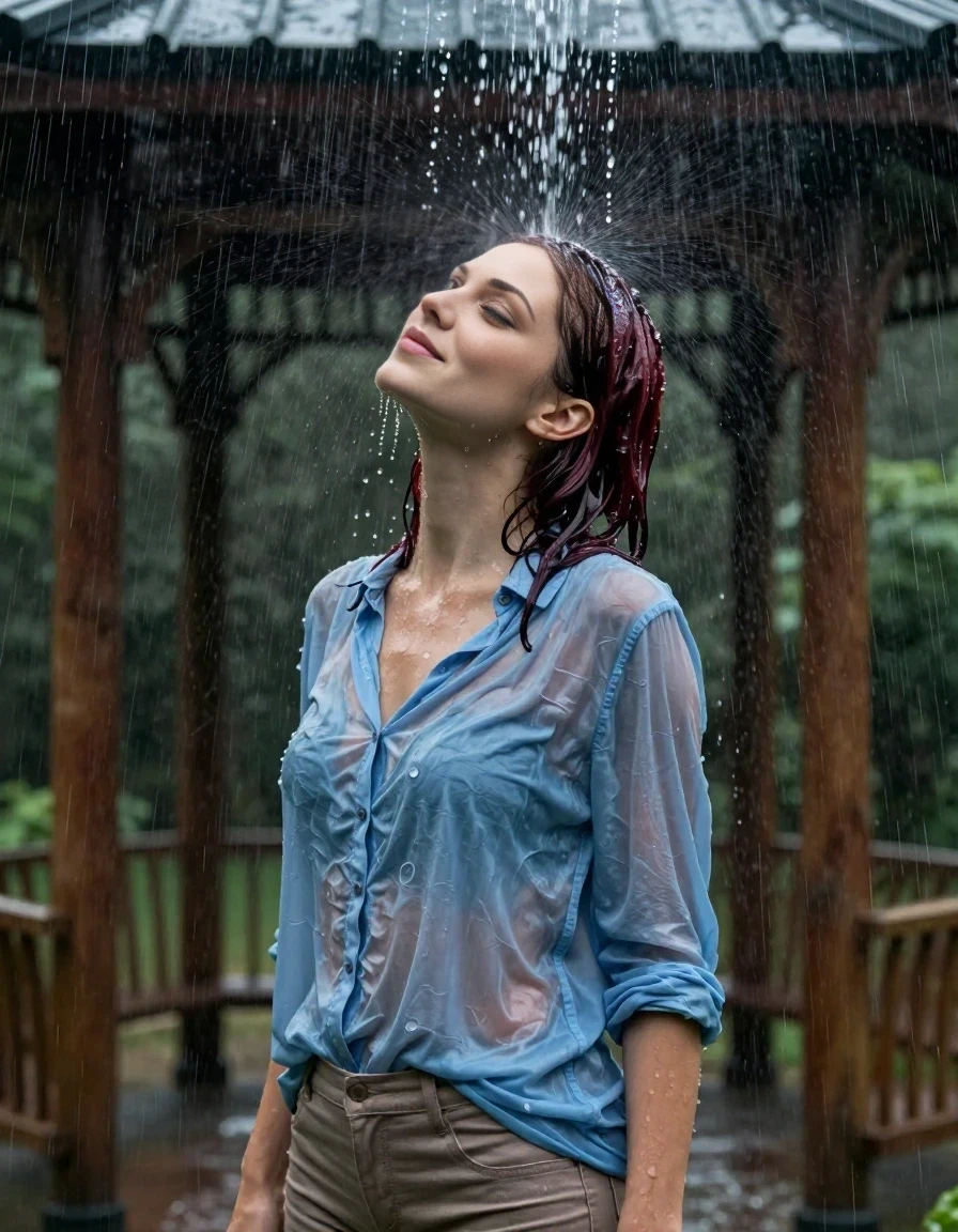 High-end vertical fashion photography, head and shoulders shot of a 25-year-old woman standing directly under a heavy, intense waterfall of rainwater cascading off a gazebo roof. The woman is positioned in the center, leaning her head back with her eyes closed in a peaceful, serene expression as water streams down her face. Her shoulder-length dark auburn hair is completely rinsed, slicked back, and free of suds. She is wearing a light blue cotton blouse that is thoroughly soaked, clinging to her frame and darkened by the water, and light brown capris. Cinematic lighting, moody and atmospheric, with heavy rain droplets captured in motion around her. The depicted adult woman has shoulder-length dark auburn hair. Show her face clearly toward the camera at a mild three-quarter angle, large enough for a natural portrait face reference. The depicted adult woman has shoulder-length dark auburn hair. Show her face clearly toward the camera at a mild three-quarter angle, large enough for a natural portrait face reference.