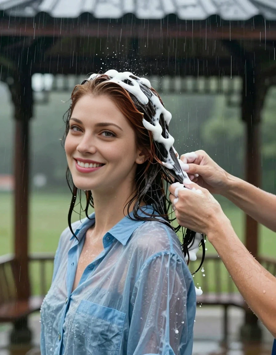 High-end vertical fashion photography, head and shoulders shot of a 25-year-old woman and another person under a gazebo during a heavy downpour. On the left, the adult woman has shoulder-length dark auburn hair that is wet, matted, and covered in thick, white citrus-scented shampoo lather. She is looking toward the camera with a playful grin. She is wearing a light blue cotton blouse that is thoroughly soaked, clinging to her frame and darkened by the rain. On the right, a second person's hands are visible, gently massaging the shampoo into the woman's hair. Cinematic lighting, soft focus background with rain cascading off the gazebo roof, moody and atmospheric. The depicted adult woman has shoulder-length dark auburn hair.