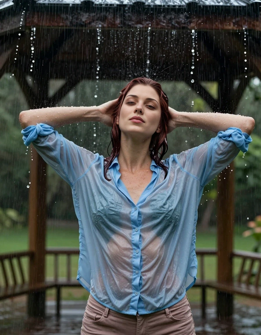 High-end vertical fashion photography, head and shoulders shot of a 25-year-old woman standing directly under a heavy, intense waterfall of rainwater cascading off a gazebo roof. The woman is positioned in the center, leaning her head back with her eyes closed in a serene expression. Her shoulder-length dark auburn hair is completely wet, slicked back, and free of suds as two hands gently smooth her hair away from her face. She is wearing a light blue cotton blouse that is thoroughly soaked, clinging to her frame and darkened by the water, and light brown capris. Cinematic lighting, moody and atmospheric, with heavy rain droplets captured in motion around her. The depicted adult woman has shoulder-length dark auburn hair. Show her face clearly toward the camera at a mild three-quarter angle, large enough for a natural portrait face reference.