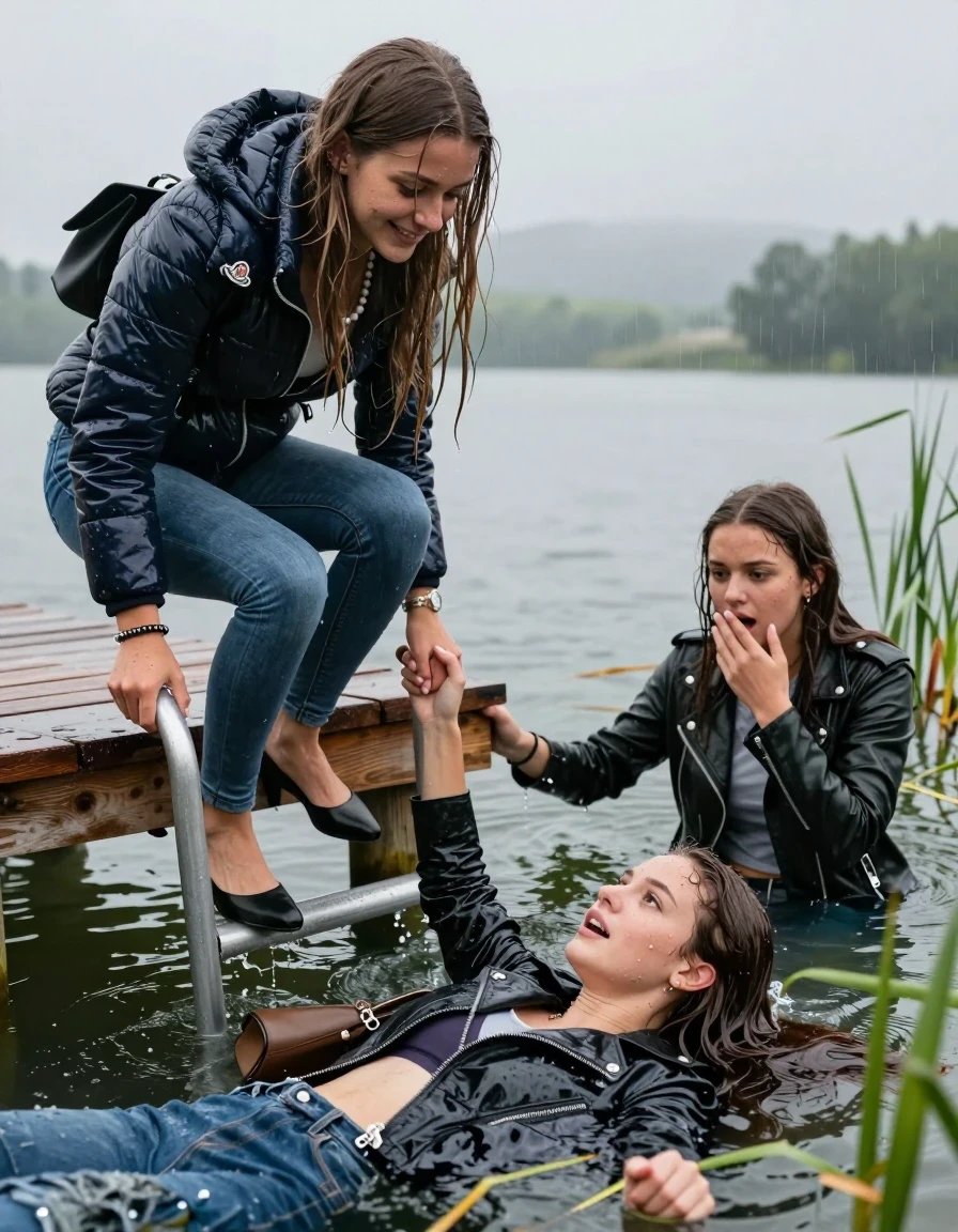 photo of young woman, in soaking wet, drenched clothes,
Heels, Completely soaked tight skinny jeans , Moncler shiny puffer down jacket, Tight turtleneck sweater belly free, handbag, pearl necklace, bracelet, wristwatch , Two Girls on a wooden bathing platform with a bathing ladder on a beautiful lake. The girls smiles with a sense of adventure and climbs the ladder into the water. The water reaches up to her chest. Heavy Rain. , 
enjoying, wet clothes stuck to body,
detailed textures of the wet clothes, wet face, wet plastered hair,
wet, drenched, professional, high-quality details, full body view.
sharp focus, ultra-high pixel detail, realistic, high-quality, full colors, incredibly detailed, 4k, 8k, 16k, hyper-realistic, RAW photo, masterpiece, ultra-detailed, professionally color graded, professional photograph, sleek long straight hair

19 years old  teenage girl

Laying her breast on the surface.  Looking slightly away.

One Girl inside the water with a biker leatherjacket and one hand on her mouth, hold with the other the viewer's hand, pulling them she is completely underwater up to her neck, afraid and astonished expression. 

She hides in the reeds.

her submerged clothes are hardly vusible under water, she soaked her handbag into the water. The Girls wear different clothes. 

close up view, wet skin, wet clothes, wet hair, damp fabric, water runs down the clothes, wet skin, wet clothes, damp fabric, wet skin, wet clothes, damp fabric, wet skin, wet clothes, damp fabric, wet skin, wet clothes, damp fabric, wet skin, wet clothes, damp fabric, wet skin, wet clothes, damp fabric, wet skin, wet clothes, damp fabric, wet skin, wet clothes, damp fabric, wet skin, wet clothes, damp fabric, wet skin, wet clothes, damp fabric, wet skin, wet clothes, damp fabric, wet skin, wet clothes, damp fabric, wet skin, wet clothes, damp fabric, wet skin, wet clothes, damp fabric, wet skin, wet clothes, damp fabric, wet skin, wet clothes, damp fabric, wet skin, wet clothes, damp fabric, wet skin, wet clothes, damp fabric, wet skin, wet clothes, damp fabric