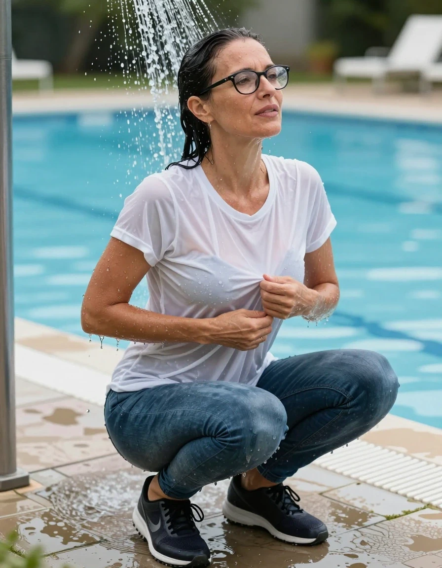 photo of young woman, in soaking wet, drenched clothes,
sport shoes, blue jeans, white t-shirt over clinging, taking shower after swim in outdoor swimming pool, enjoying wet clothes stuck body, enjoying, wet clothes stuck to body, 
enjoying, wet clothes stuck to body,
detailed textures of the wet clothes, wet face, wet plastered hair,
wet, drenched, professional, high-quality details, full body view.
sharp focus, ultra-high pixel detail, realistic, high-quality, full colors, incredibly detailed, 4k, 8k, 16k, hyper-realistic, RAW photo, masterpiece, ultra-detailed, professionally color graded, professional photograph, europen brunette skinny woman 50 years old, long dark black hair, very big and thick lips,  office glasses, complete body, wet skin, wet clothes, damp fabric, wet skin, wet clothes, damp fabric, wet skin, wet clothes, damp fabric, wet skin, wet clothes, damp fabric, wet skin, wet clothes, damp fabric, wet skin, wet clothes, damp fabric
