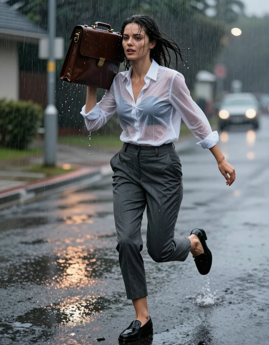 photo of young woman, in soaking wet, drenched clothes,
polished black leather loafers, soaking wet with street puddle water, tailored charcoal grey ankle-length trousers, dark saturated wet fabric clinging to skin, crisp white button-down shirt, translucent from heavy rain, layering visible, collar damp, suburban street at night, asphalt glistening under streetlamp glow, misty atmosphere, 
enjoying, wet clothes stuck to body,
detailed textures of the wet clothes, wet face, wet plastered hair,
wet, drenched, professional, high-quality details, full body view.
sharp focus, ultra-high pixel detail, realistic, high-quality, full colors, incredibly detailed, 4k, 8k, 16k, hyper-realistic, RAW photo, masterpiece, ultra-detailed, professionally color graded, professional photograph, a woman shielding her face with a leather briefcase as she sprints through a sudden downpour, medium-long shot, sharp focus on fabric texture, cinematic rainy-night lighting, 85mm lens, high-quality street photography, balanced exposure, natural droplets splashing, wet skin, wet clothes, damp fabric