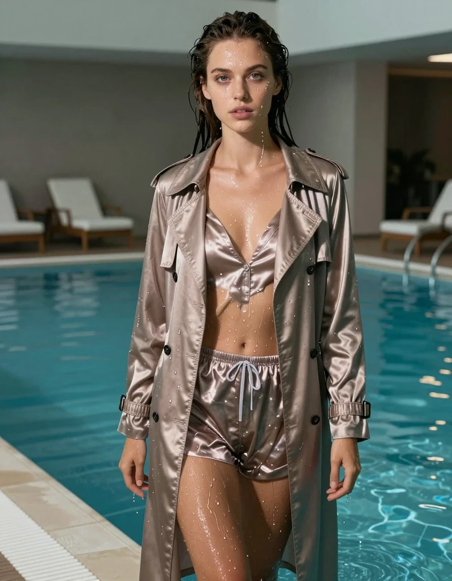 photo of young woman, in soaking wet, drenched clothes,
Sandals, Satin pajama, Long trench satin coat, An indoor pool, 
enjoying, wet clothes stuck to body,
detailed textures of the wet clothes, wet face, wet plastered hair,
wet, drenched, professional, high-quality details, full body view.
sharp focus, ultra-high pixel detail, realistic, high-quality, full colors, incredibly detailed, 4k, 8k, 16k, hyper-realistic, RAW photo, masterpiece, ultra-detailed, professionally color graded, professional photograph, Can you swimm in the pool in your pjs set please., wet skin, wet clothes, damp fabric, wet skin, wet clothes, damp fabric