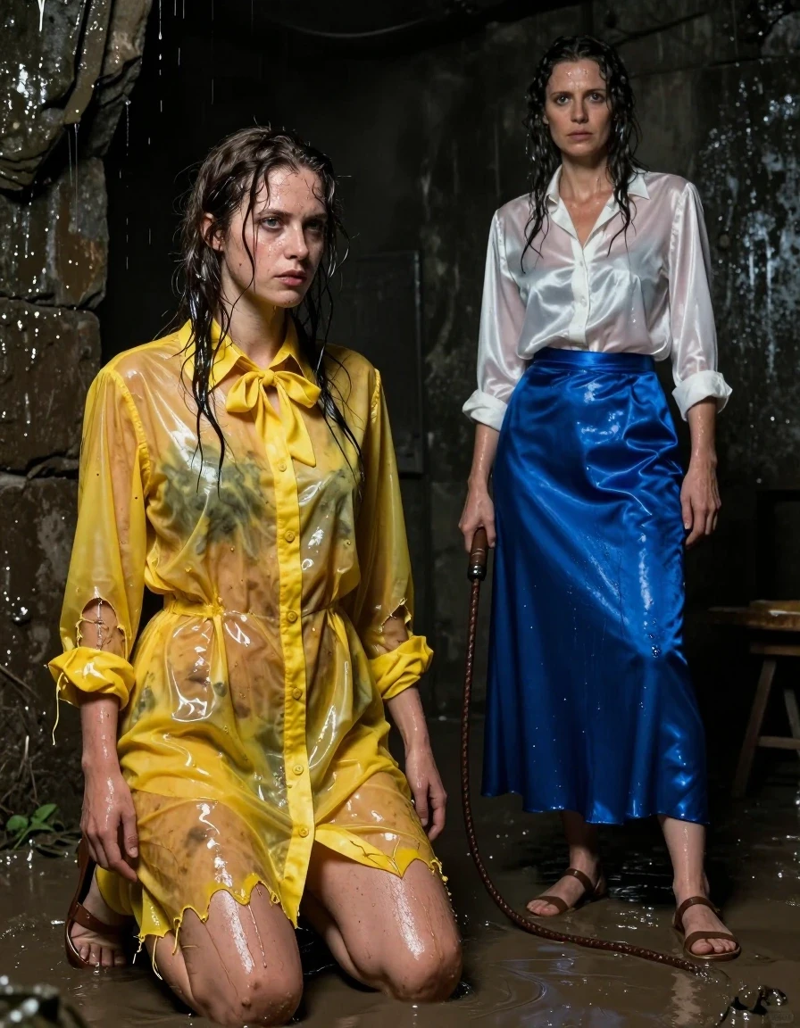 Photorealistic cinematic shot of two nerdy European female teachers in their 30s inside a dark, muddy, damp dungeon. The first woman is kneeling in murky water, wearing a ripped, soaking-wet oversized yellow buttoned-down nylon dress with a bowtie; the fabric is heavy, clinging to her skin, translucent from saturation, with dark patches, water sheen, and deep folds. The second woman stands nearby, wearing a white long-sleeved satin blouse that is clinging and wet, paired with a saturated, heavy blue silk maxi skirt that is dragging in the mud, dark and glossy with water. She is holding a leather whip. Both women are wearing sandals. The atmosphere is grim and humid, with water dripping from the stone walls. High-detail wet skin, damp matted hair, realistic reflections on the wet floor and mud, sharp focus on fabric textures and the contrast between the wet nylon, satin, and silk, 8k resolution, dramatic chiaroscuro lighting.