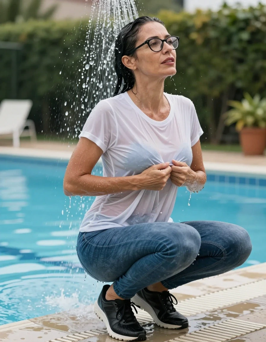 photo of young woman, in soaking wet, drenched clothes,
sport shoes, blue jeans, white t-shirt over clinging, taking shower after swim in outdoor swimming pool, enjoying wet clothes stuck body, enjoying, wet clothes stuck to body, 
enjoying, wet clothes stuck to body,
detailed textures of the wet clothes, wet face, wet plastered hair,
wet, drenched, professional, high-quality details, full body view.
sharp focus, ultra-high pixel detail, realistic, high-quality, full colors, incredibly detailed, 4k, 8k, 16k, hyper-realistic, RAW photo, masterpiece, ultra-detailed, professionally color graded, professional photograph, europen brunette skinny woman 50 years old, long dark black hair, very big and thick lips,  office glasses, complete body, wet skin, wet clothes, damp fabric, wet skin, wet clothes, damp fabric, wet skin, wet clothes, damp fabric, wet skin, wet clothes, damp fabric, wet skin, wet clothes, damp fabric, wet skin, wet clothes, damp fabric