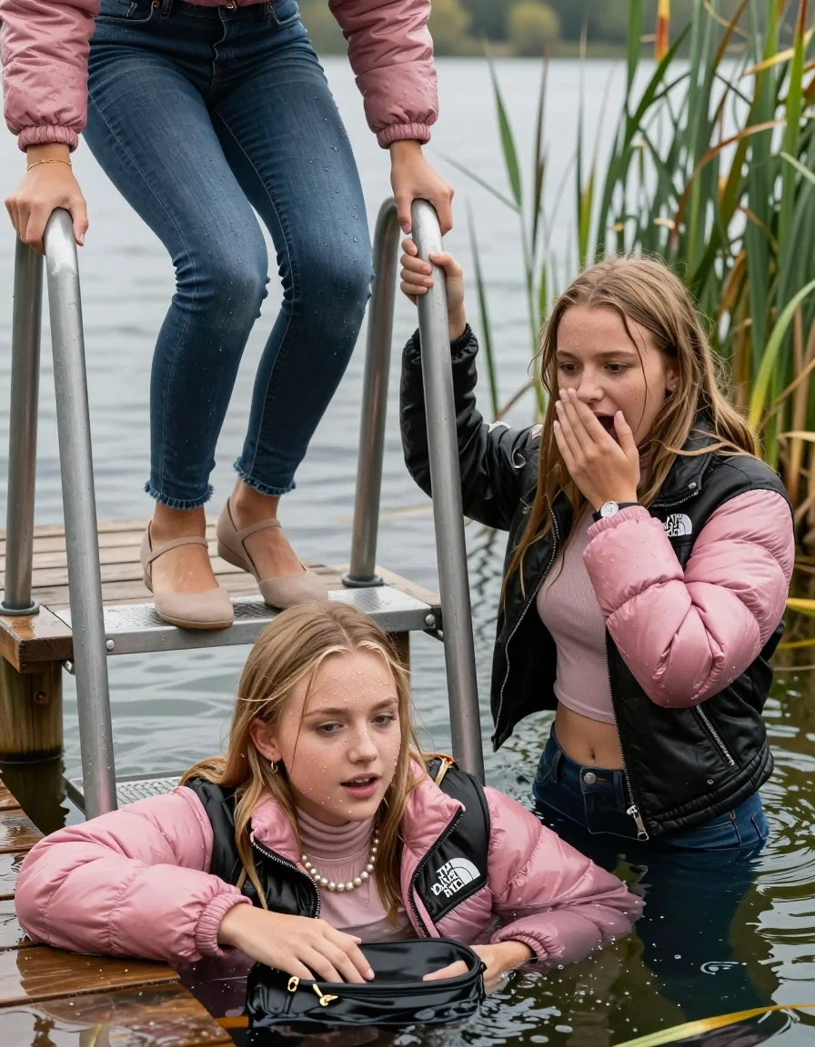 photo of young woman, in soaking wet, drenched clothes,
Heels, Completely soaked tight skinny jeans, Pink Puffer down jacket from north face, Tight turtleneck sweater belly free, handbag, pearl necklace, bracelet, wristwatch , Two Girls on a wooden bathing platform with a bathing ladder on a beautiful lake. The girls smiles with a sense of adventure and climbs the ladder into the water. The water reaches up to her chest., 
enjoying, wet clothes stuck to body,
detailed textures of the wet clothes, wet face, wet plastered hair,
wet, drenched, professional, high-quality details, full body view.
sharp focus, ultra-high pixel detail, realistic, high-quality, full colors, incredibly detailed, 4k, 8k, 16k, hyper-realistic, RAW photo, masterpiece, ultra-detailed, professionally color graded, professional photograph, Blond sleek long straight hair

19 years old  teenage girl

Laying her breast on the surface.  Looking slightly away. Hold her hand over mouth.

One Girl inside the water with a black biker leatherjacket and one hand on her mouth, hold with the other the viewer's hand, pulling them she is completely underwater up to her neck, afraid and astonished expression. 

She hides in the reeds.

her submerged clothes are hardly vusible under water, she soaked her handbag into the water. The Girls wear different clothes. 

close up view, wet skin, wet clothes, wet hair, damp fabric, water runs down the clothes, wet skin, wet clothes, damp fabric, wet skin, wet clothes, damp fabric, wet skin, wet clothes, damp fabric, wet skin, wet clothes, damp fabric, wet skin, wet clothes, damp fabric, wet skin, wet clothes, damp fabric, wet skin, wet clothes, damp fabric, wet skin, wet clothes, damp fabric, wet skin, wet clothes, damp fabric, wet skin, wet clothes, damp fabric, wet skin, wet clothes, damp fabric, wet skin, wet clothes, damp fabric, wet skin, wet clothes, damp fabric, wet skin, wet clothes, damp fabric, wet skin, wet clothes, damp fabric, wet skin, wet clothes, damp fabric, wet skin, wet clothes, damp fabric, wet skin, wet clothes, damp fabric