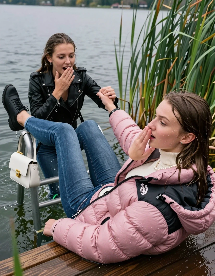 photo of young woman, in soaking wet, drenched clothes,
Heels, Completely soaked tight skinny jeans, Pink Puffer down jacket from north face, Tight turtleneck sweater belly free, handbag, pearl necklace, bracelet, wristwatch , Two Girls in water and on a wooden bathing platform with a bathing ladder on a beautiful lake. The girls smiles with a sense of adventure and climbs the ladder into the water. The water reaches up to her chest., 
enjoying, wet clothes stuck to body,
detailed textures of the wet clothes, wet face, wet plastered hair,
wet, drenched, professional, high-quality details, full body view.
sharp focus, ultra-high pixel detail, realistic, high-quality, full colors, incredibly detailed, 4k, 8k, 16k, hyper-realistic, RAW photo, masterpiece, ultra-detailed, professionally color graded, professional photograph, sleek long straight hair

19 years old  teenage girl

Laying her breast on the surface.  Looking slightly away. Hold her hand over mouth.

One Girl inside the water with a black biker leatherjacket and one hand on her mouth, hold with the other the viewer's hand, pulling them she is completely underwater up to her neck, afraid and astonished expression. 

She hides in the reeds.

her submerged clothes are hardly vusible under water, she soaked her handbag into the water. The Girls wear different clothes. 

close up view, wet skin, wet clothes, wet hair, damp fabric, water runs down the clothes, wet skin, wet clothes, damp fabric, wet skin, wet clothes, damp fabric, wet skin, wet clothes, damp fabric, wet skin, wet clothes, damp fabric, wet skin, wet clothes, damp fabric, wet skin, wet clothes, damp fabric, wet skin, wet clothes, damp fabric, wet skin, wet clothes, damp fabric, wet skin, wet clothes, damp fabric, wet skin, wet clothes, damp fabric, wet skin, wet clothes, damp fabric, wet skin, wet clothes, damp fabric, wet skin, wet clothes, damp fabric, wet skin, wet clothes, damp fabric, wet skin, wet clothes, damp fabric, wet skin, wet clothes, damp fabric, wet skin, wet clothes, damp fabric, wet skin, wet clothes, damp fabric, wet skin, wet clothes, damp fabric, wet skin, wet clothes, damp fabric