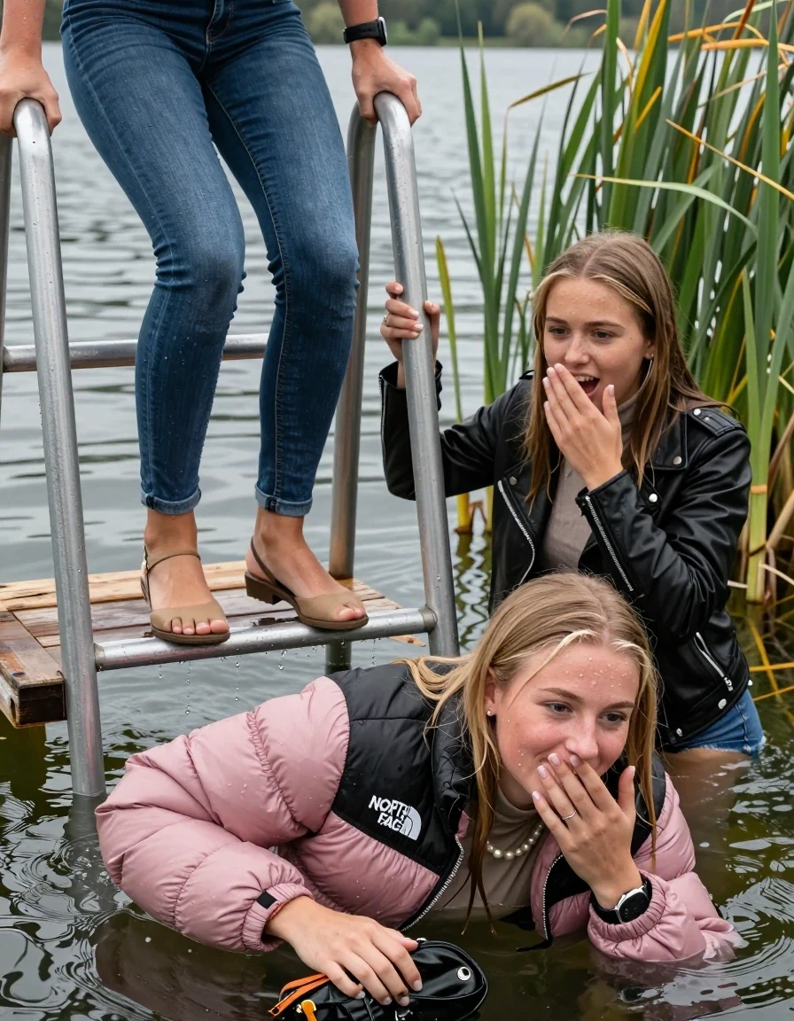 photo of young woman, in soaking wet, drenched clothes,
Heels, Completely soaked tight skinny jeans, Pink Puffer down jacket from north face, Tight turtleneck sweater belly free, handbag, pearl necklace, bracelet, wristwatch , Two Girls on a wooden bathing platform with a bathing ladder on a beautiful lake. The girls smiles with a sense of adventure and climbs the ladder into the water. The water reaches up to her chest., 
enjoying, wet clothes stuck to body,
detailed textures of the wet clothes, wet face, wet plastered hair,
wet, drenched, professional, high-quality details, full body view.
sharp focus, ultra-high pixel detail, realistic, high-quality, full colors, incredibly detailed, 4k, 8k, 16k, hyper-realistic, RAW photo, masterpiece, ultra-detailed, professionally color graded, professional photograph, Blond sleek long straight hair

19 years old  teenage girl

Laying her breast on the surface.  Looking slightly away. Hold her hand over mouth.

One Girl inside the water with a black biker leatherjacket and one hand on her mouth, hold with the other the viewer's hand, pulling them she is completely underwater up to her neck, afraid and astonished expression. 

She hides in the reeds.

her submerged clothes are hardly vusible under water, she soaked her handbag into the water. The Girls wear different clothes. 

close up view, wet skin, wet clothes, wet hair, damp fabric, water runs down the clothes, wet skin, wet clothes, damp fabric, wet skin, wet clothes, damp fabric, wet skin, wet clothes, damp fabric, wet skin, wet clothes, damp fabric, wet skin, wet clothes, damp fabric, wet skin, wet clothes, damp fabric, wet skin, wet clothes, damp fabric, wet skin, wet clothes, damp fabric, wet skin, wet clothes, damp fabric, wet skin, wet clothes, damp fabric, wet skin, wet clothes, damp fabric, wet skin, wet clothes, damp fabric, wet skin, wet clothes, damp fabric, wet skin, wet clothes, damp fabric, wet skin, wet clothes, damp fabric, wet skin, wet clothes, damp fabric, wet skin, wet clothes, damp fabric, wet skin, wet clothes, damp fabric, wet skin, wet clothes, damp fabric