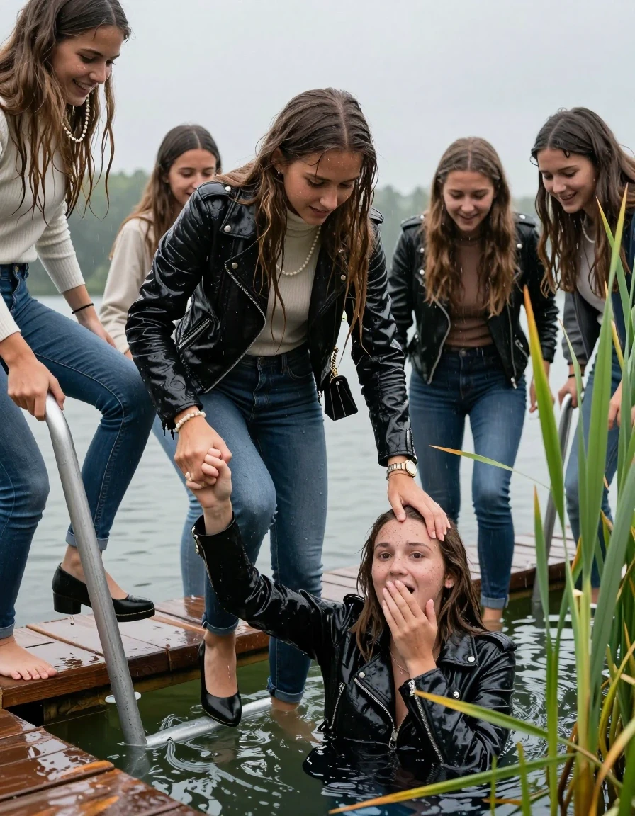 photo of young woman, in soaking wet, drenched clothes,
Heels, Completely soaked tight skinny jeans , Moncler shiny puffer down jacket, Tight turtleneck sweater belly free, handbag, pearl necklace, bracelet, wristwatch , Group of Girls on a wooden bathing platform with a bathing ladder on a beautiful lake. The girls smiles with a sense of adventure and climbs the ladder already half submerged into the water. The water reaches up to her chest. Heavy Rain. , 
enjoying, wet clothes stuck to body,
detailed textures of the wet clothes, wet face, wet plastered hair,
wet, drenched, professional, high-quality details, full body view.
sharp focus, ultra-high pixel detail, realistic, high-quality, full colors, incredibly detailed, 4k, 8k, 16k, hyper-realistic, RAW photo, masterpiece, ultra-detailed, professionally color graded, professional photograph, sleek long straight hair

19 years old  teenage girl

One Girl inside the water with a biker leatherjacket and one hand on her mouth, hold with the other the viewer's hand, pulling them she is completely underwater up to her neck, afraid and astonished expression. 

She hides in the reeds.

her submerged clothes are hardly vusible under water, she soaked her handbag into the water. The Girls wear different clothes. 

close up view, wet skin, wet clothes, wet hair, damp fabric, water runs down the clothes, wet skin, wet clothes, damp fabric, wet skin, wet clothes, damp fabric, wet skin, wet clothes, damp fabric, wet skin, wet clothes, damp fabric, wet skin, wet clothes, damp fabric, wet skin, wet clothes, damp fabric, wet skin, wet clothes, damp fabric, wet skin, wet clothes, damp fabric, wet skin, wet clothes, damp fabric, wet skin, wet clothes, damp fabric, wet skin, wet clothes, damp fabric, wet skin, wet clothes, damp fabric, wet skin, wet clothes, damp fabric, wet skin, wet clothes, damp fabric, wet skin, wet clothes, damp fabric, wet skin, wet clothes, damp fabric, wet skin, wet clothes, damp fabric, wet skin, wet clothes, damp fabric, wet skin, wet clothes, damp fabric