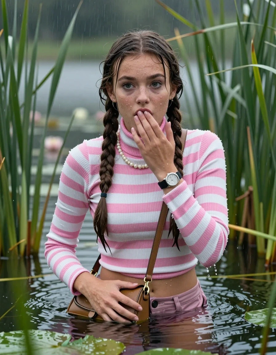 photo of young woman, in soaking wet, drenched clothes,
, , Tight pink and white striped turtleneck sweater belly free, handbag, pearl necklace, bracelet, wristwatch , Emerging after diving in a lake with water lilies and reeds, rain , 
enjoying, wet clothes stuck to body,
detailed textures of the wet clothes, wet face, wet plastered hair,
wet, drenched, professional, high-quality details, full body view.
sharp focus, ultra-high pixel detail, realistic, high-quality, full colors, incredibly detailed, 4k, 8k, 16k, hyper-realistic, RAW photo, masterpiece, ultra-detailed, professionally color graded, professional photograph, Two long braids

19 years old  teenage girl

Laying her breast on the surface.  Looking at camera. Hold her hand on mouth.

she is completely underwater up to her neck, afraid and astonished expression. 

She hides in the reeds and is surprised by spectators

her submerged clothes are hardly vusible under water, she soaked her handbag into the water

close up view, wet skin, wet clothes, wet hair, damp fabric, water runs down the clothes, wet skin, wet clothes, damp fabric, wet skin, wet clothes, damp fabric, wet skin, wet clothes, damp fabric, wet skin, wet clothes, damp fabric, wet skin, wet clothes, damp fabric, wet skin, wet clothes, damp fabric, wet skin, wet clothes, damp fabric, wet skin, wet clothes, damp fabric, wet skin, wet clothes, damp fabric, wet skin, wet clothes, damp fabric, wet skin, wet clothes, damp fabric, wet skin, wet clothes, damp fabric, wet skin, wet clothes, damp fabric, wet skin, wet clothes, damp fabric, wet skin, wet clothes, damp fabric, wet skin, wet clothes, damp fabric, wet skin, wet clothes, damp fabric