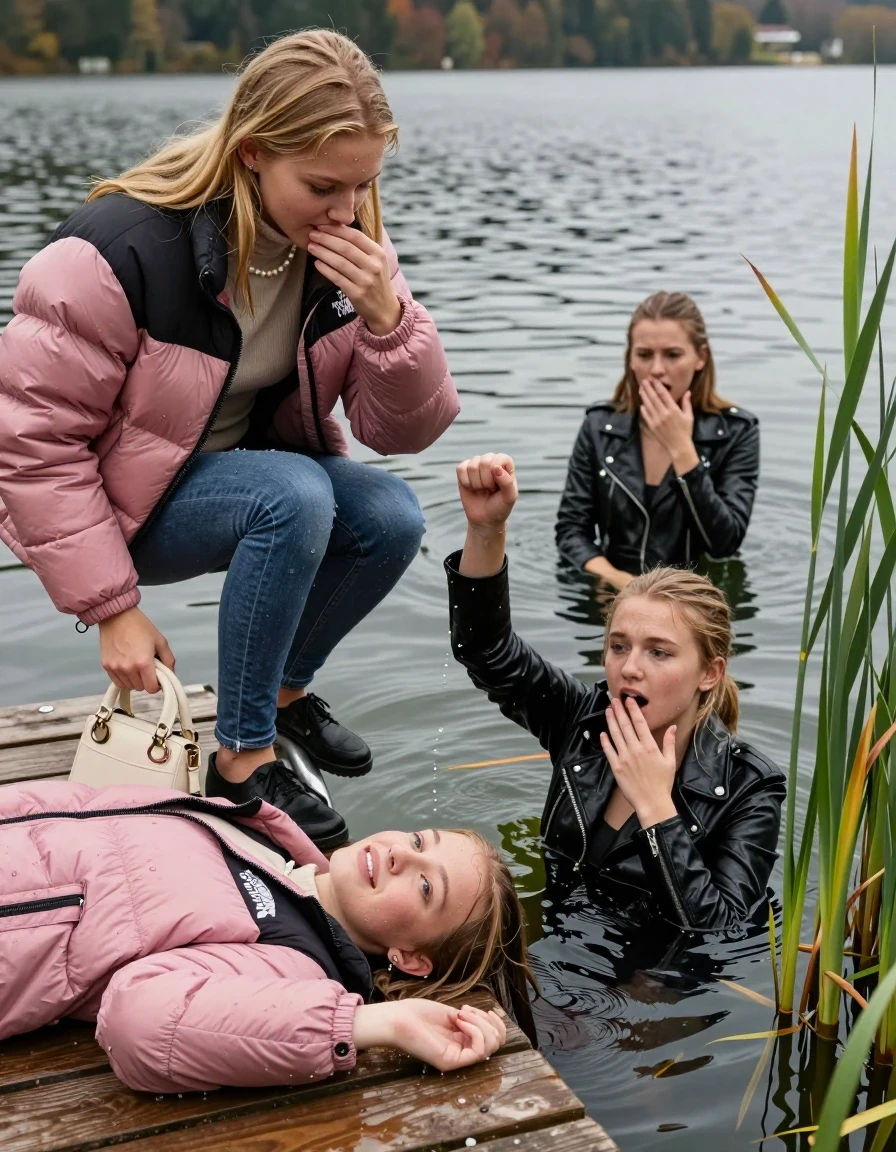photo of young woman, in soaking wet, drenched clothes,
Heels, Completely soaked tight skinny jeans, Pink Puffer down jacket from north face, Tight turtleneck sweater belly free, handbag, pearl necklace, bracelet, wristwatch , Two Girls on a wooden bathing platform with a bathing ladder on a beautiful lake. The girls smiles with a sense of adventure and climbs the ladder into the water. The water reaches up to her chest., 
enjoying, wet clothes stuck to body,
detailed textures of the wet clothes, wet face, wet plastered hair,
wet, drenched, professional, high-quality details, full body view.
sharp focus, ultra-high pixel detail, realistic, high-quality, full colors, incredibly detailed, 4k, 8k, 16k, hyper-realistic, RAW photo, masterpiece, ultra-detailed, professionally color graded, professional photograph, Blond sleek long straight hair

19 years old  teenage girl

Laying her breast on the surface.  Looking slightly away. Hold her hand over mouth.

One Girl inside the water with a black biker leatherjacket and one hand on her mouth, hold with the other the viewer's hand, pulling them she is completely underwater up to her neck, afraid and astonished expression. 

She hides in the reeds.

her submerged clothes are hardly vusible under water, she soaked her handbag into the water. The Girls wear different clothes. 

close up view, wet skin, wet clothes, wet hair, damp fabric, water runs down the clothes, wet skin, wet clothes, damp fabric, wet skin, wet clothes, damp fabric, wet skin, wet clothes, damp fabric, wet skin, wet clothes, damp fabric, wet skin, wet clothes, damp fabric, wet skin, wet clothes, damp fabric, wet skin, wet clothes, damp fabric, wet skin, wet clothes, damp fabric, wet skin, wet clothes, damp fabric, wet skin, wet clothes, damp fabric, wet skin, wet clothes, damp fabric, wet skin, wet clothes, damp fabric, wet skin, wet clothes, damp fabric, wet skin, wet clothes, damp fabric, wet skin, wet clothes, damp fabric, wet skin, wet clothes, damp fabric, wet skin, wet clothes, damp fabric, wet skin, wet clothes, damp fabric, wet skin, wet clothes, damp fabric