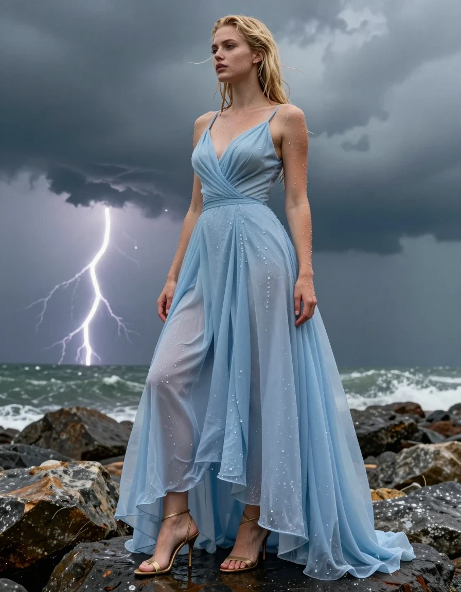photo of young woman, in soaking wet, drenched clothes,
Strappy gold stilettos , Pale blue ball gown , Standing on rocks, thunder storm , 
enjoying, wet clothes stuck to body,
detailed textures of the wet clothes, wet face, wet plastered hair,
wet, drenched, professional, high-quality details, full body view.
sharp focus, ultra-high pixel detail, realistic, high-quality, full colors, incredibly detailed, 4k, 8k, 16k, hyper-realistic, RAW photo, masterpiece, ultra-detailed, professionally color graded, professional photograph, Blonde, wet clothes, wet skin, wet clothes, damp fabric
