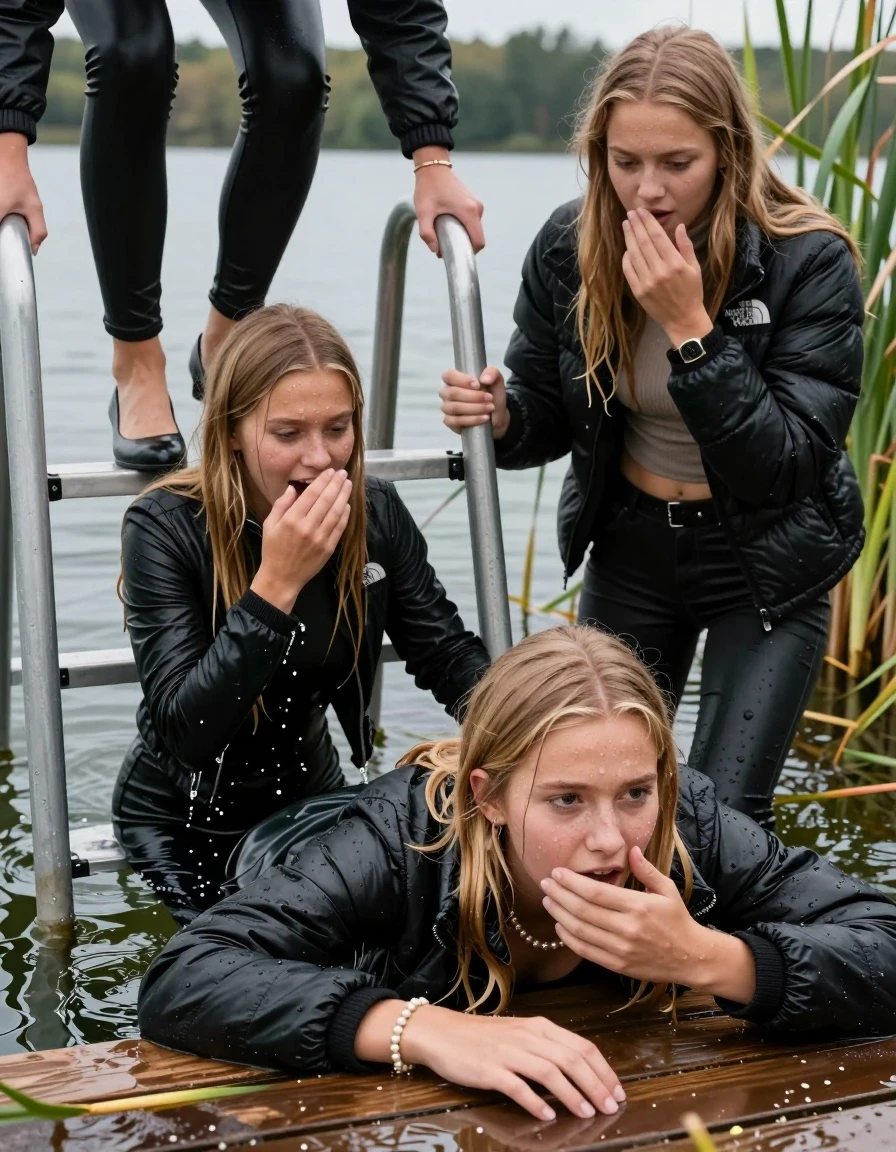 photo of young woman, in soaking wet, drenched clothes,
Heels, Black leatherleggings , Black Puffer down jacket from north face, Tight turtleneck sweater belly free, handbag, pearl necklace, bracelet, wristwatch , Two Girls on a wooden bathing platform with a bathing ladder on a beautiful lake. The girls smiles with a sense of adventure and climbs the ladder into the water. The water reaches up to her chest., 
enjoying, wet clothes stuck to body,
detailed textures of the wet clothes, wet face, wet plastered hair,
wet, drenched, professional, high-quality details, full body view.
sharp focus, ultra-high pixel detail, realistic, high-quality, full colors, incredibly detailed, 4k, 8k, 16k, hyper-realistic, RAW photo, masterpiece, ultra-detailed, professionally color graded, professional photograph, Blond sleek long straight hair

19 years old  teenage girl

Laying her breast on the surface.  Looking slightly away. Hold her hand over mouth.

One Girl inside the water with a black leatherjacket and one hand on her mouth, hold with the other the viewer's hand, pulling them she is completely underwater up to her neck, afraid and astonished expression. 

She hides in the reeds.

her submerged clothes are hardly vusible under water, she soaked her handbag into the water. The Girls wear different clothes. 

close up view, wet skin, wet clothes, wet hair, damp fabric, water runs down the clothes, wet skin, wet clothes, damp fabric, wet skin, wet clothes, damp fabric, wet skin, wet clothes, damp fabric, wet skin, wet clothes, damp fabric, wet skin, wet clothes, damp fabric, wet skin, wet clothes, damp fabric, wet skin, wet clothes, damp fabric, wet skin, wet clothes, damp fabric, wet skin, wet clothes, damp fabric, wet skin, wet clothes, damp fabric, wet skin, wet clothes, damp fabric, wet skin, wet clothes, damp fabric, wet skin, wet clothes, damp fabric, wet skin, wet clothes, damp fabric, wet skin, wet clothes, damp fabric, wet skin, wet clothes, damp fabric, wet skin, wet clothes, damp fabric, wet skin, wet clothes, damp fabric