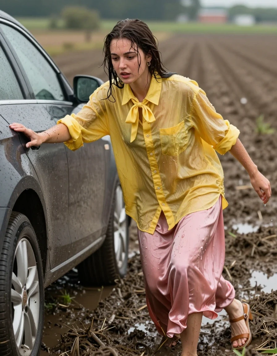photo of young woman, in soaking wet, drenched clothes,
sandals, silk pink long skirt, oversized yellow men's buttoned-down shirt with bowtie, muddy fields, 
enjoying, wet clothes stuck to body,
detailed textures of the wet clothes, wet face, wet plastered hair,
wet, drenched, professional, high-quality details, full body view.
sharp focus, ultra-high pixel detail, realistic, high-quality, full colors, incredibly detailed, 4k, 8k, 16k, hyper-realistic, RAW photo, masterpiece, ultra-detailed, professionally color graded, professional photograph, nerdy look, trying to push her car stuck in mud, wet skin, wet clothes, damp fabric