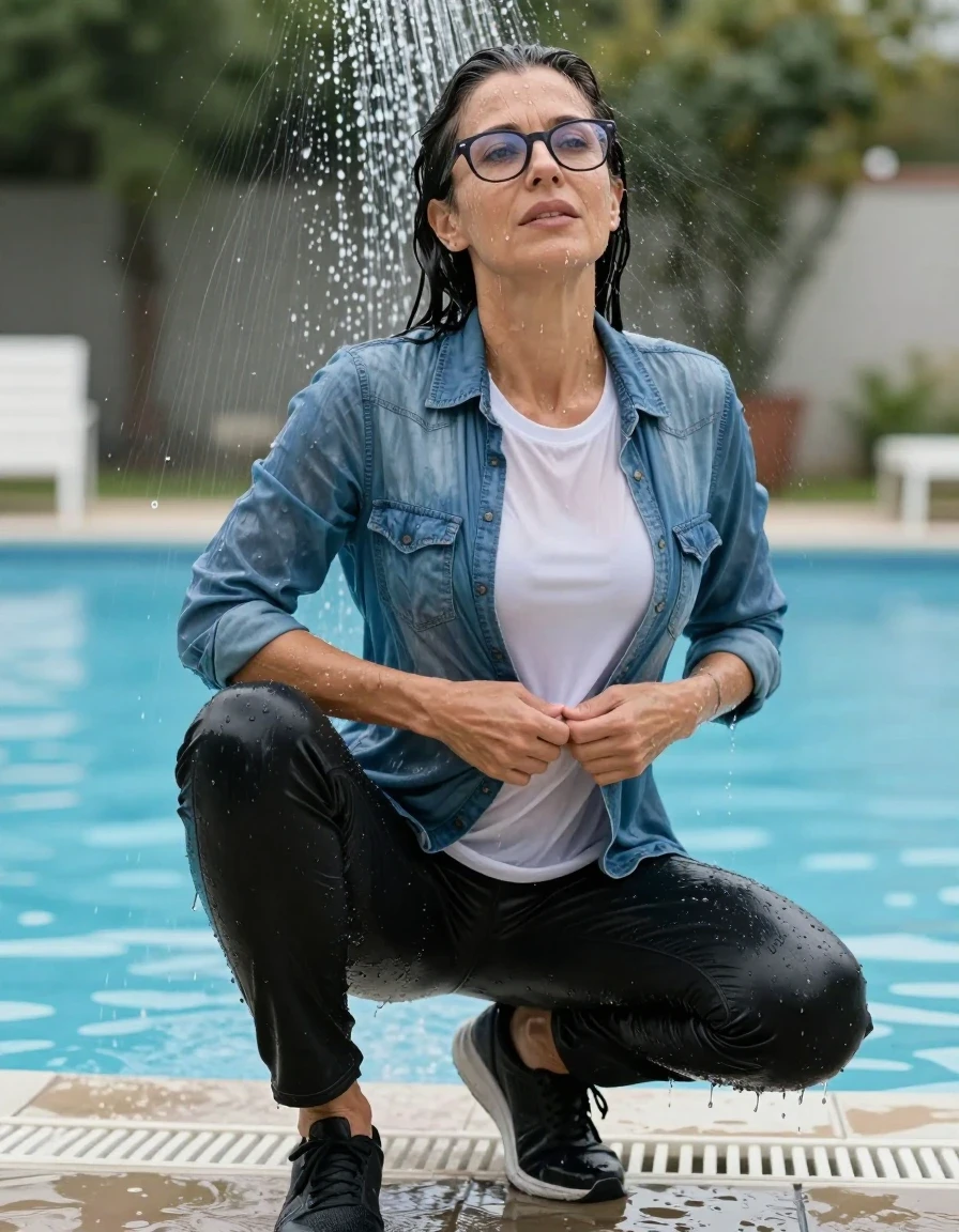 photo of young woman, in soaking wet, drenched clothes,
sport shoes, black jeans, white t-shirt over clinging, blue denim shirt, taking shower after swim in outdoor swimming pool, enjoying wet clothes stuck body, enjoying, wet clothes stuck to body, 
enjoying, wet clothes stuck to body,
detailed textures of the wet clothes, wet face, wet plastered hair,
wet, drenched, professional, high-quality details, full body view.
sharp focus, ultra-high pixel detail, realistic, high-quality, full colors, incredibly detailed, 4k, 8k, 16k, hyper-realistic, RAW photo, masterpiece, ultra-detailed, professionally color graded, professional photograph, europen brunette skinny woman 50 years old, long dark black hair, very big and thick lips,  office glasses, complete body, wet skin, wet clothes, damp fabric, wet skin, wet clothes, damp fabric, wet skin, wet clothes, damp fabric, wet skin, wet clothes, damp fabric, wet skin, wet clothes, damp fabric, wet skin, wet clothes, damp fabric