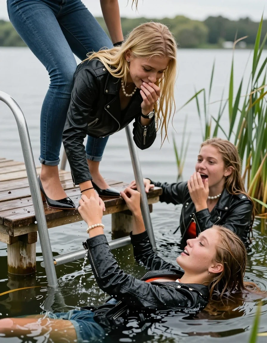 photo of young woman, in soaking wet, drenched clothes,
Heels, Completely soaked tight skinny jeans , Black biker leatherjacket, Tight turtleneck sweater belly free, handbag, pearl necklace, bracelet, wristwatch , Two Girls on a wooden bathing platform with a bathing ladder on a beautiful lake. The girls smiles with a sense of adventure and climbs the ladder into the water. The water reaches up to her chest., 
enjoying, wet clothes stuck to body,
detailed textures of the wet clothes, wet face, wet plastered hair,
wet, drenched, professional, high-quality details, full body view.
sharp focus, ultra-high pixel detail, realistic, high-quality, full colors, incredibly detailed, 4k, 8k, 16k, hyper-realistic, RAW photo, masterpiece, ultra-detailed, professionally color graded, professional photograph, Blond sleek long straight hair

19 years old  teenage girl

Laying her breast on the surface.  Looking slightly away. Hold her hand over mouth.

One Girl inside the water with a black biker leatherjacket and one hand on her mouth, hold with the other the viewer's hand, pulling them she is completely underwater up to her neck, afraid and astonished expression. 

She hides in the reeds.

her submerged clothes are hardly vusible under water, she soaked her handbag into the water. The Girls wear different clothes. 

close up view, wet skin, wet clothes, wet hair, damp fabric, water runs down the clothes, wet skin, wet clothes, damp fabric, wet skin, wet clothes, damp fabric, wet skin, wet clothes, damp fabric, wet skin, wet clothes, damp fabric, wet skin, wet clothes, damp fabric, wet skin, wet clothes, damp fabric, wet skin, wet clothes, damp fabric, wet skin, wet clothes, damp fabric, wet skin, wet clothes, damp fabric, wet skin, wet clothes, damp fabric, wet skin, wet clothes, damp fabric, wet skin, wet clothes, damp fabric, wet skin, wet clothes, damp fabric, wet skin, wet clothes, damp fabric, wet skin, wet clothes, damp fabric, wet skin, wet clothes, damp fabric, wet skin, wet clothes, damp fabric, wet skin, wet clothes, damp fabric, wet skin, wet clothes, damp fabric