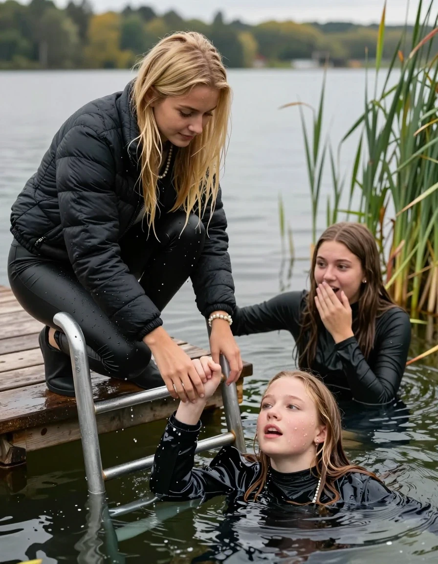 photo of young woman, in soaking wet, drenched clothes,
Pumps, Black leatherleggings , Black Puffer down jacket from north face, Tight turtleneck sweater belly free, handbag, pearl necklace, bracelet, wristwatch , Two Girls on a wooden bathing platform with a bathing ladder on a beautiful lake. The girls smiles with a sense of adventure and climbs the ladder into the water. The water reaches up to her chest., 
enjoying, wet clothes stuck to body,
detailed textures of the wet clothes, wet face, wet plastered hair,
wet, drenched, professional, high-quality details, full body view.
sharp focus, ultra-high pixel detail, realistic, high-quality, full colors, incredibly detailed, 4k, 8k, 16k, hyper-realistic, RAW photo, masterpiece, ultra-detailed, professionally color graded, professional photograph, Blond sleek long straight hair

19 years old  teenage girl

Laying her breast on the surface.  Looking slightly away. Hold her hand over mouth.

One Girl inside the water 0ne hand on her mouth, hold with the other the viewer's hand, pulling them she is completely underwater up to her neck, afraid and astonished expression. 

She hides in the reeds.

her submerged clothes are hardly vusible under water, she soaked her handbag into the water. The Girls wear different clothes. 

close up view, wet skin, wet clothes, wet hair, damp fabric, water runs down the clothes, wet skin, wet clothes, damp fabric, wet skin, wet clothes, damp fabric, wet skin, wet clothes, damp fabric, wet skin, wet clothes, damp fabric, wet skin, wet clothes, damp fabric, wet skin, wet clothes, damp fabric, wet skin, wet clothes, damp fabric, wet skin, wet clothes, damp fabric, wet skin, wet clothes, damp fabric, wet skin, wet clothes, damp fabric, wet skin, wet clothes, damp fabric, wet skin, wet clothes, damp fabric, wet skin, wet clothes, damp fabric, wet skin, wet clothes, damp fabric, wet skin, wet clothes, damp fabric, wet skin, wet clothes, damp fabric, wet skin, wet clothes, damp fabric, wet skin, wet clothes, damp fabric