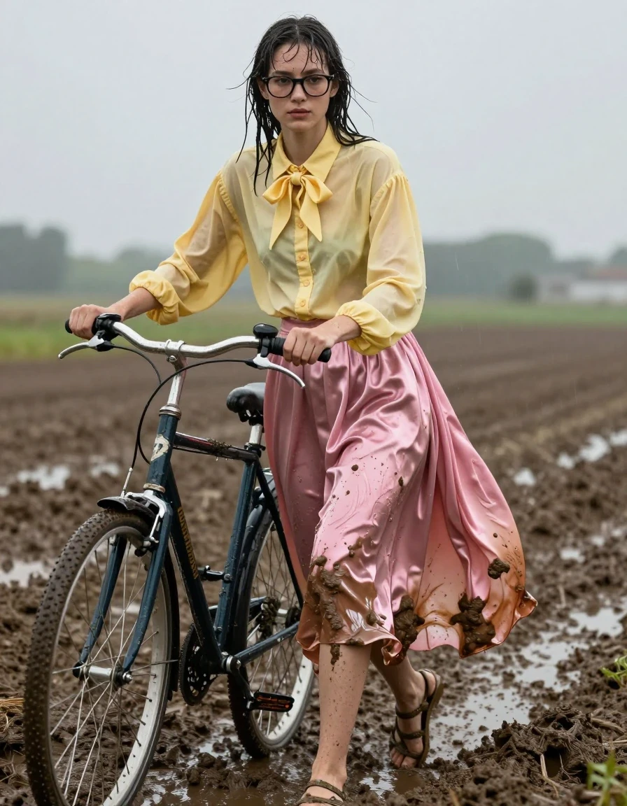 A photorealistic medium shot of a young adult European woman with a nerdy aesthetic, wearing thick-rimmed glasses, pushing a bicycle through deep, thick, muddy fields. She is wearing an oversized yellow men's buttoned-down shirt with a neatly tied bowtie, and a long silk pink skirt. The fabric of the silk skirt is soaking wet, clinging to her legs, appearing significantly darker and translucent in saturated patches with heavy, water-laden folds and a high-sheen liquid gloss. She wears simple sandals on her feet, caked in mud. Her skin and hair are damp and glistening with moisture from the rain. The atmosphere is overcast and moody, with water-saturated earth and mud splattered on her clothes and bike frame. High-detail photography, sharp focus on the textures of the wet silk and mud, cinematic lighting, realistic skin pores, and natural hair texture.