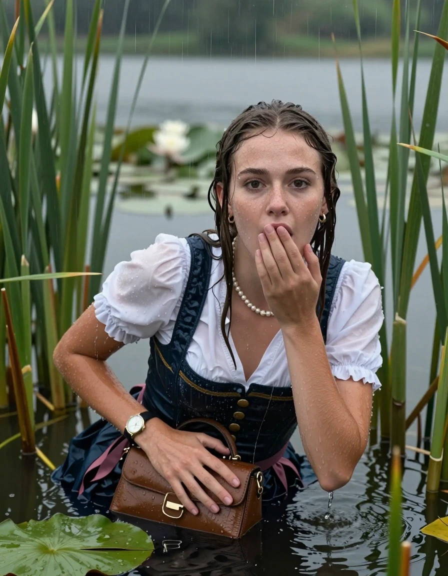 photo of young woman, in soaking wet, drenched clothes,
, , Short Dirndl, handbag, pearl necklace, bracelet, wristwatch , Emerging after diving in a lake with water lilies and reeds, rain , 
enjoying, wet clothes stuck to body,
detailed textures of the wet clothes, wet face, wet plastered hair,
wet, drenched, professional, high-quality details, full body view.
sharp focus, ultra-high pixel detail, realistic, high-quality, full colors, incredibly detailed, 4k, 8k, 16k, hyper-realistic, RAW photo, masterpiece, ultra-detailed, professionally color graded, professional photograph, Sleek long straight hair 

19 years old  teenage girl

Laying her breast on the surface.  Looking at camera. Hold her hand on mouth.

she is completely underwater up to her neck, stupified shocked expression. 

She hides in the reeds and is surprised by spectators

her submerged clothes are hardly vusible under water, she soaked her handbag into the water

close up view, wet skin, wet clothes, wet hair, damp fabric, water runs down the clothes, wet skin, wet clothes, damp fabric, wet skin, wet clothes, damp fabric, wet skin, wet clothes, damp fabric, wet skin, wet clothes, damp fabric, wet skin, wet clothes, damp fabric, wet skin, wet clothes, damp fabric, wet skin, wet clothes, damp fabric, wet skin, wet clothes, damp fabric, wet skin, wet clothes, damp fabric, wet skin, wet clothes, damp fabric, wet skin, wet clothes, damp fabric, wet skin, wet clothes, damp fabric, wet skin, wet clothes, damp fabric, wet skin, wet clothes, damp fabric, wet skin, wet clothes, damp fabric, wet skin, wet clothes, damp fabric, wet skin, wet clothes, damp fabric