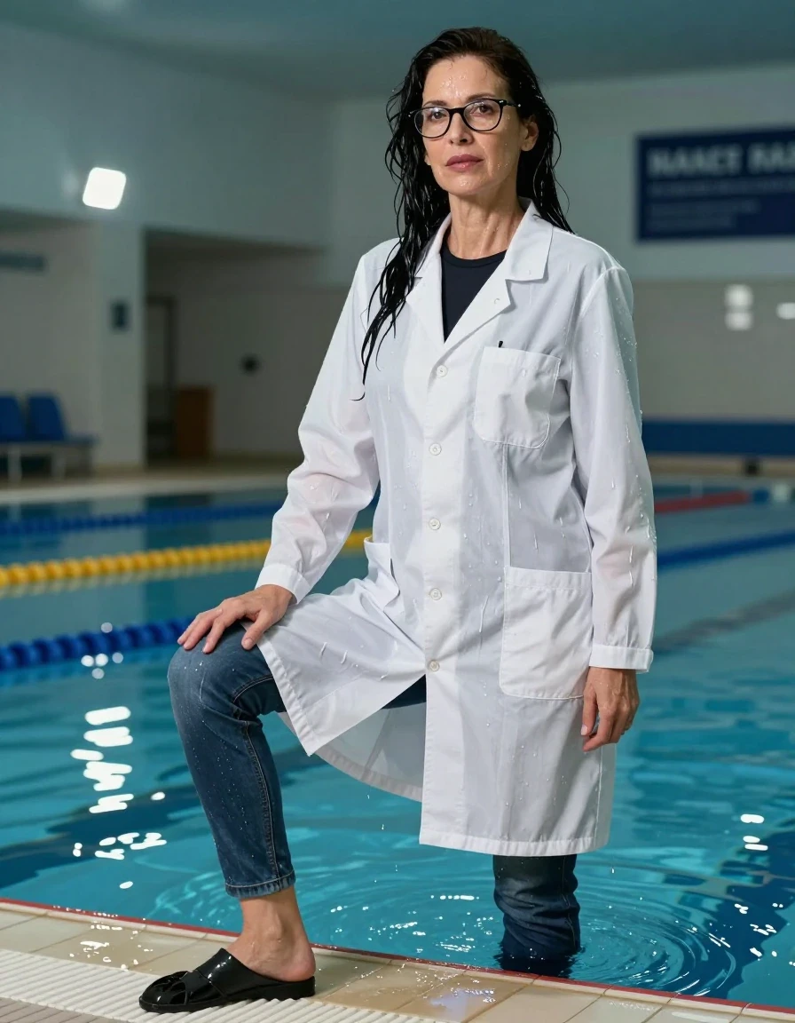 photo of young woman, in soaking wet, drenched clothes,
shoes, blue jeans, black t-shirt with long sleeves over clinging, white labcoat with long sleeves, after swiming indoor swimming pool, enjoying wet clothes stuck body, enjoying, wet clothes stuck to body, 
enjoying, wet clothes stuck to body,
detailed textures of the wet clothes, wet face, wet plastered hair,
wet, drenched, professional, high-quality details, full body view.
sharp focus, ultra-high pixel detail, realistic, high-quality, full colors, incredibly detailed, 4k, 8k, 16k, hyper-realistic, RAW photo, masterpiece, ultra-detailed, professionally color graded, professional photograph, europen brunette skinny woman 50 years old, long dark black hair, office glasses, very big and thick lips, complete body, wet skin, wet clothes, damp fabric, wet skin, wet clothes, damp fabric, wet skin, wet clothes, damp fabric, wet skin, wet clothes, damp fabric, wet skin, wet clothes, damp fabric, wet skin, wet clothes, damp fabric