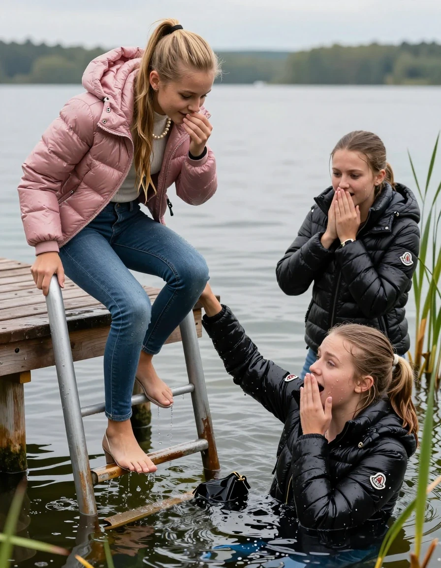 photo of young woman, in soaking wet, drenched clothes,
Heels, Completely soaked tight skinny jeans, Moncler pink shiny Puffer down jacket, Tight turtleneck sweater belly free, handbag, pearl necklace, bracelet, wristwatch , Three Girls on a wooden bathing platform with a bathing ladder on a beautiful lake. The girls smiles with a sense of adventure and climbs half submerged the ladder into the water. The water reaches up to her chest., 
enjoying, wet clothes stuck to body,
detailed textures of the wet clothes, wet face, wet plastered hair,
wet, drenched, professional, high-quality details, full body view.
sharp focus, ultra-high pixel detail, realistic, high-quality, full colors, incredibly detailed, 4k, 8k, 16k, hyper-realistic, RAW photo, masterpiece, ultra-detailed, professionally color graded, professional photograph, Blond sleek long straight hair, sleek ponytail 

15 years old  teenage girl

Laying her breast on the surface.  Looking slightly away. Hold her hand over her mouth and nose.

One Girl inside the water with a black moncler puffer shiny down jacket and one hand on her mouth, hold with the other the viewer's hand, pulling them she is completely underwater up to her neck, afraid and astonished expression. 

She hides in the reeds.

her submerged clothes are hardly vusible under water, she soaked her handbag into the water. The Girls wear different clothes. 

close up view, wet skin, wet clothes, wet hair, damp fabric, water runs down the clothes, wet skin, wet clothes, damp fabric, wet skin, wet clothes, damp fabric, wet skin, wet clothes, damp fabric, wet skin, wet clothes, damp fabric, wet skin, wet clothes, damp fabric, wet skin, wet clothes, damp fabric, wet skin, wet clothes, damp fabric, wet skin, wet clothes, damp fabric, wet skin, wet clothes, damp fabric, wet skin, wet clothes, damp fabric, wet skin, wet clothes, damp fabric, wet skin, wet clothes, damp fabric, wet skin, wet clothes, damp fabric, wet skin, wet clothes, damp fabric, wet skin, wet clothes, damp fabric, wet skin, wet clothes, damp fabric, wet skin, wet clothes, damp fabric, wet skin, wet clothes, damp fabric, wet skin, wet clothes, damp fabric, wet skin, wet clothes, damp fabric