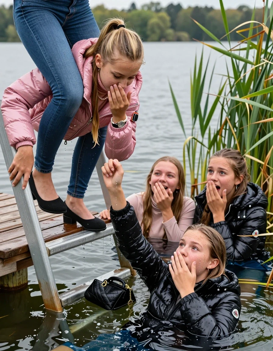 photo of young woman, in soaking wet, drenched clothes,
Heels, Completely soaked tight skinny jeans, Moncler pink shiny Puffer down jacket, Tight turtleneck sweater belly free, handbag, pearl necklace, bracelet, wristwatch , Three Girls on a wooden bathing platform with a bathing ladder on a beautiful lake. The girls smiles with a sense of adventure and climbs half submerged the ladder into the water. The water reaches up to her chest., 
enjoying, wet clothes stuck to body,
detailed textures of the wet clothes, wet face, wet plastered hair,
wet, drenched, professional, high-quality details, full body view.
sharp focus, ultra-high pixel detail, realistic, high-quality, full colors, incredibly detailed, 4k, 8k, 16k, hyper-realistic, RAW photo, masterpiece, ultra-detailed, professionally color graded, professional photograph, Blond sleek long straight hair, sleek ponytail 

15 years old  teenage girl

Laying her breast on the surface.  Looking slightly away. Hold her hand over her mouth and nose.

One Girl inside the water with a black moncler puffer shiny down jacket and one hand on her mouth, hold with the other the viewer's hand, pulling them she is completely underwater up to her neck, afraid and astonished expression. 

She hides in the reeds.

her submerged clothes are hardly vusible under water, she soaked her handbag into the water. The Girls wear different clothes. 

close up view, wet skin, wet clothes, wet hair, damp fabric, water runs down the clothes, wet skin, wet clothes, damp fabric, wet skin, wet clothes, damp fabric, wet skin, wet clothes, damp fabric, wet skin, wet clothes, damp fabric, wet skin, wet clothes, damp fabric, wet skin, wet clothes, damp fabric, wet skin, wet clothes, damp fabric, wet skin, wet clothes, damp fabric, wet skin, wet clothes, damp fabric, wet skin, wet clothes, damp fabric, wet skin, wet clothes, damp fabric, wet skin, wet clothes, damp fabric, wet skin, wet clothes, damp fabric, wet skin, wet clothes, damp fabric, wet skin, wet clothes, damp fabric, wet skin, wet clothes, damp fabric, wet skin, wet clothes, damp fabric, wet skin, wet clothes, damp fabric, wet skin, wet clothes, damp fabric, wet skin, wet clothes, damp fabric