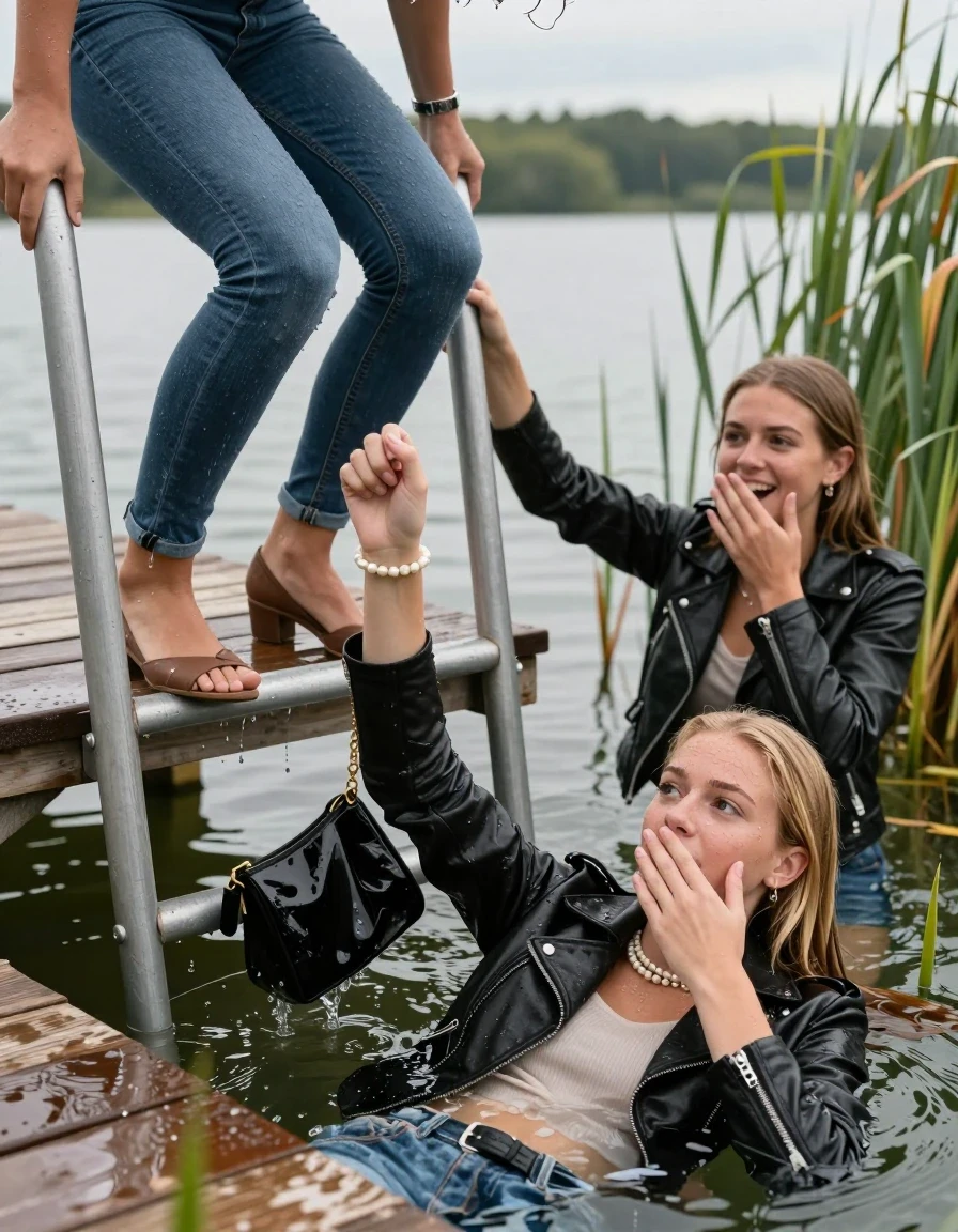 photo of young woman, in soaking wet, drenched clothes,
Heels, Completely soaked tight skinny jeans , biker leatherjacket, Tight turtleneck sweater belly free, handbag, pearl necklace, bracelet, wristwatch , Two Girls on a wooden bathing platform with a bathing ladder on a beautiful lake. The girls smiles with a sense of adventure and climbs the ladder into the water. The water reaches up to her chest., 
enjoying, wet clothes stuck to body,
detailed textures of the wet clothes, wet face, wet plastered hair,
wet, drenched, professional, high-quality details, full body view.
sharp focus, ultra-high pixel detail, realistic, high-quality, full colors, incredibly detailed, 4k, 8k, 16k, hyper-realistic, RAW photo, masterpiece, ultra-detailed, professionally color graded, professional photograph, Blond sleek long straight hair

19 years old  teenage girl

Laying her breast on the surface.  Looking slightly away. Hold her hand over mouth.

One Girl inside the water with a biker leatherjacket and one hand on her mouth, hold with the other the viewer's hand, pulling them she is completely underwater up to her neck, afraid and astonished expression. 

She hides in the reeds.

her submerged clothes are hardly vusible under water, she soaked her handbag into the water. The Girls wear different clothes. 

close up view, wet skin, wet clothes, wet hair, damp fabric, water runs down the clothes, wet skin, wet clothes, damp fabric, wet skin, wet clothes, damp fabric, wet skin, wet clothes, damp fabric, wet skin, wet clothes, damp fabric, wet skin, wet clothes, damp fabric, wet skin, wet clothes, damp fabric, wet skin, wet clothes, damp fabric, wet skin, wet clothes, damp fabric, wet skin, wet clothes, damp fabric, wet skin, wet clothes, damp fabric, wet skin, wet clothes, damp fabric, wet skin, wet clothes, damp fabric, wet skin, wet clothes, damp fabric, wet skin, wet clothes, damp fabric, wet skin, wet clothes, damp fabric, wet skin, wet clothes, damp fabric, wet skin, wet clothes, damp fabric, wet skin, wet clothes, damp fabric, wet skin, wet clothes, damp fabric