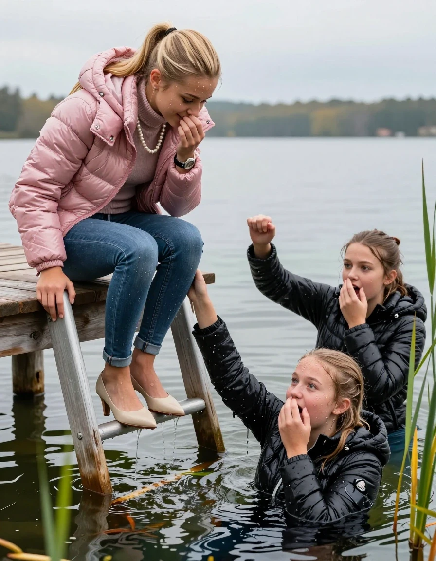 photo of young woman, in soaking wet, drenched clothes,
Heels, Completely soaked tight skinny jeans, Moncler pink shiny Puffer down jacket, Tight turtleneck sweater belly free, handbag, pearl necklace, bracelet, wristwatch , Three Girls on a wooden bathing platform with a bathing ladder on a beautiful lake. The girls smiles with a sense of adventure and climbs half submerged the ladder into the water. The water reaches up to her chest., 
enjoying, wet clothes stuck to body,
detailed textures of the wet clothes, wet face, wet plastered hair,
wet, drenched, professional, high-quality details, full body view.
sharp focus, ultra-high pixel detail, realistic, high-quality, full colors, incredibly detailed, 4k, 8k, 16k, hyper-realistic, RAW photo, masterpiece, ultra-detailed, professionally color graded, professional photograph, Blond sleek long straight hair, sleek ponytail 

15 years old  teenage girl

Laying her breast on the surface.  Looking slightly away. Hold her hand over her mouth and nose.

One Girl inside the water with a black moncler puffer shiny down jacket and one hand on her mouth, hold with the other the viewer's hand, pulling them she is completely underwater up to her neck, afraid and astonished expression. 

She hides in the reeds.

her submerged clothes are hardly vusible under water, she soaked her handbag into the water. The Girls wear different clothes. 

close up view, wet skin, wet clothes, wet hair, damp fabric, water runs down the clothes, wet skin, wet clothes, damp fabric, wet skin, wet clothes, damp fabric, wet skin, wet clothes, damp fabric, wet skin, wet clothes, damp fabric, wet skin, wet clothes, damp fabric, wet skin, wet clothes, damp fabric, wet skin, wet clothes, damp fabric, wet skin, wet clothes, damp fabric, wet skin, wet clothes, damp fabric, wet skin, wet clothes, damp fabric, wet skin, wet clothes, damp fabric, wet skin, wet clothes, damp fabric, wet skin, wet clothes, damp fabric, wet skin, wet clothes, damp fabric, wet skin, wet clothes, damp fabric, wet skin, wet clothes, damp fabric, wet skin, wet clothes, damp fabric, wet skin, wet clothes, damp fabric, wet skin, wet clothes, damp fabric, wet skin, wet clothes, damp fabric