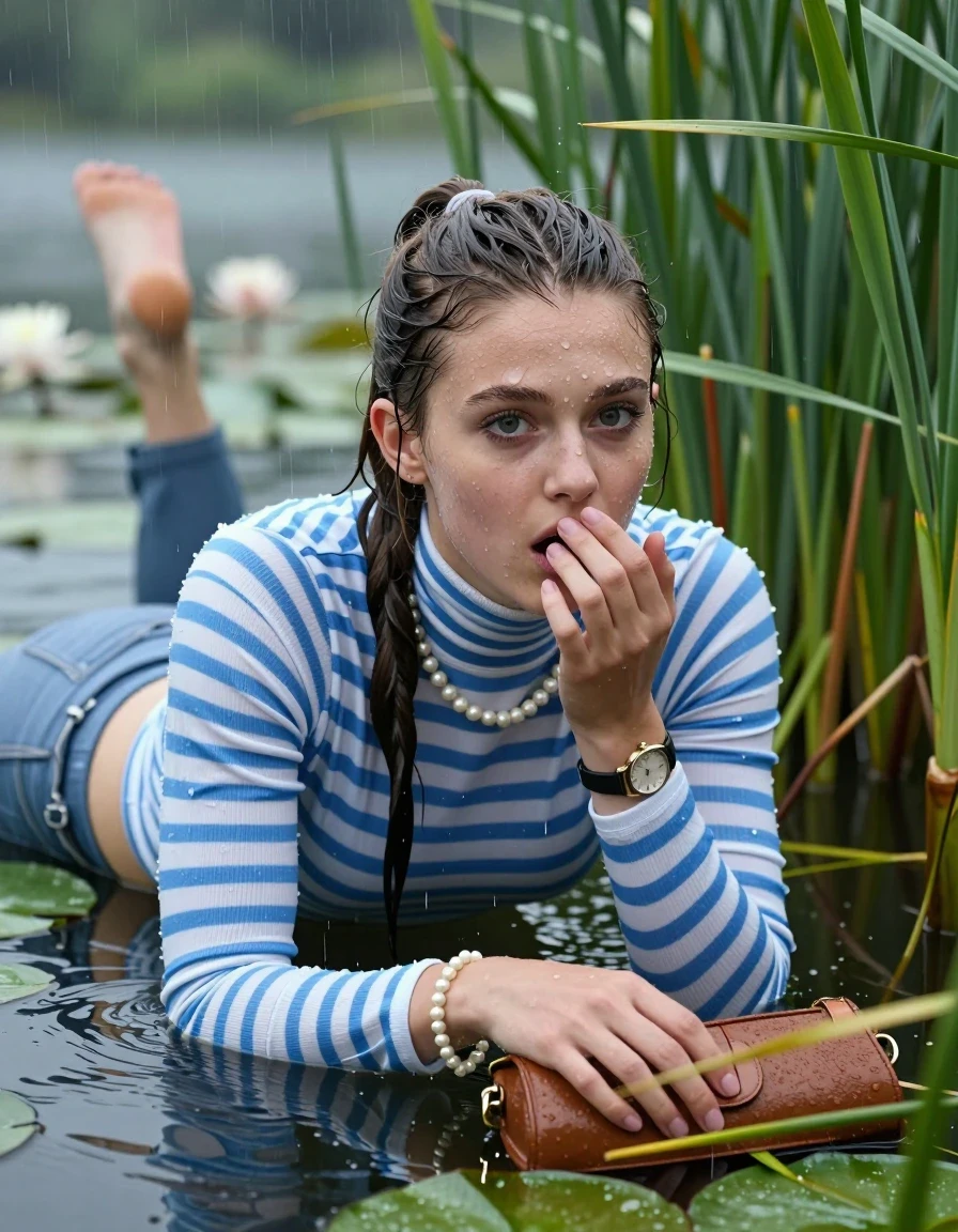 photo of young woman, in soaking wet, drenched clothes,
, , Tight blue and white striped turtleneck sweater belly free, handbag, pearl necklace, bracelet, wristwatch , Emerging after diving in a lake with water lilies and reeds, rain , 
enjoying, wet clothes stuck to body,
detailed textures of the wet clothes, wet face, wet plastered hair,
wet, drenched, professional, high-quality details, full body view.
sharp focus, ultra-high pixel detail, realistic, high-quality, full colors, incredibly detailed, 4k, 8k, 16k, hyper-realistic, RAW photo, masterpiece, ultra-detailed, professionally color graded, professional photograph, Sleek long ponytail with hairband

19 years old  teenage girl

Laying her breast on the surface.  Looking at camera. Hold her hand on mouth.

she is completely underwater up to her neck, afraid and astonished expression. 

She hides in the reeds and is surprised by spectators

her submerged clothes are hardly vusible under water, she soaked her handbag into the water

close up view, wet skin, wet clothes, wet hair, damp fabric, water runs down the clothes, wet skin, wet clothes, damp fabric, wet skin, wet clothes, damp fabric, wet skin, wet clothes, damp fabric, wet skin, wet clothes, damp fabric, wet skin, wet clothes, damp fabric, wet skin, wet clothes, damp fabric, wet skin, wet clothes, damp fabric, wet skin, wet clothes, damp fabric, wet skin, wet clothes, damp fabric, wet skin, wet clothes, damp fabric, wet skin, wet clothes, damp fabric, wet skin, wet clothes, damp fabric, wet skin, wet clothes, damp fabric, wet skin, wet clothes, damp fabric, wet skin, wet clothes, damp fabric, wet skin, wet clothes, damp fabric, wet skin, wet clothes, damp fabric