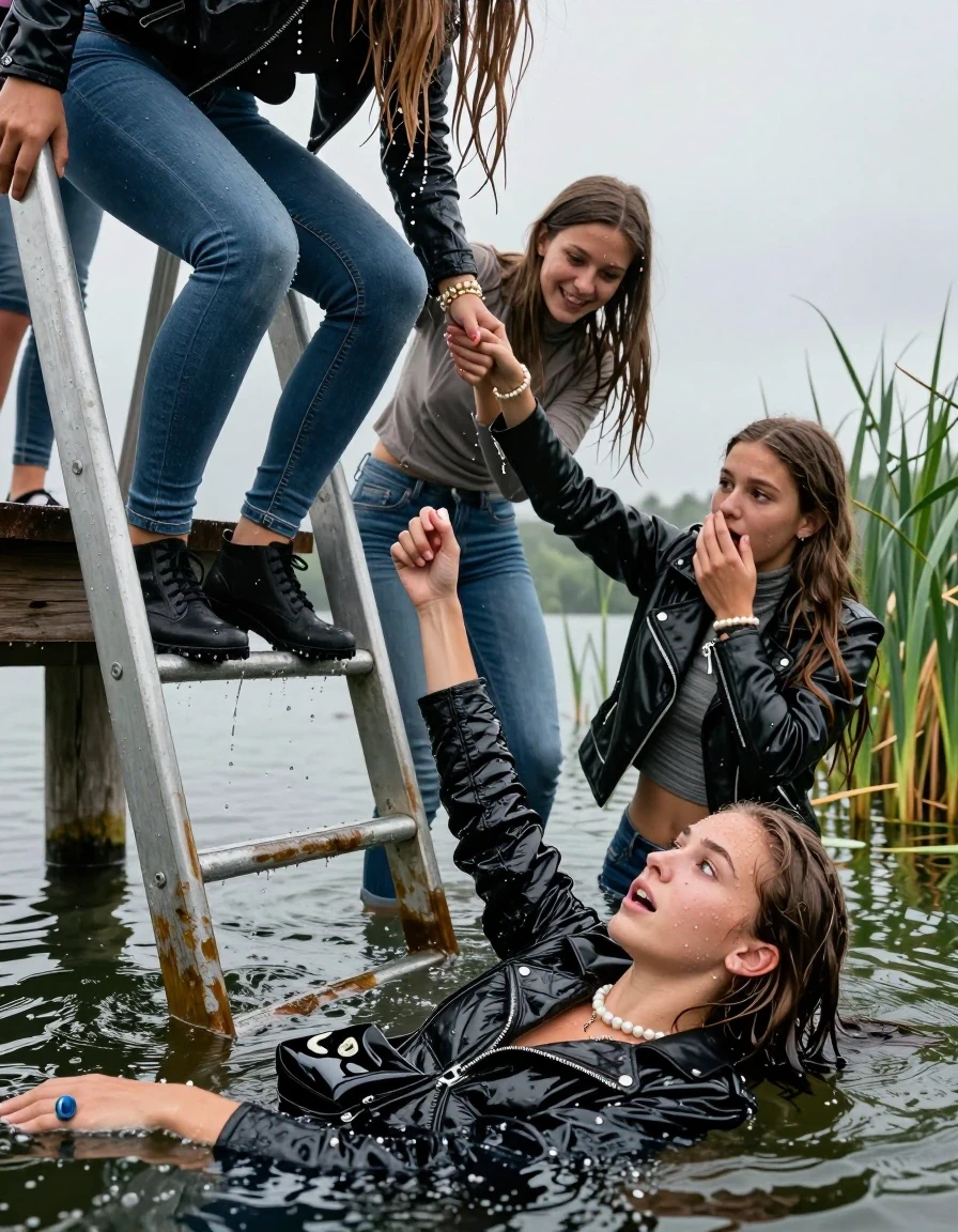 photo of young woman, in soaking wet, drenched clothes,
Heels, Completely soaked tight skinny jeans , Moncler shiny puffer down jacket, Tight turtleneck sweater belly free, handbag, pearl necklace, bracelet, wristwatch , Group of Girls on a wooden bathing platform with a bathing ladder on a beautiful lake. The girls smiles with a sense of adventure and climbs the ladder already half submerged into the water. The water reaches up to her chest. Heavy Rain. , 
enjoying, wet clothes stuck to body,
detailed textures of the wet clothes, wet face, wet plastered hair,
wet, drenched, professional, high-quality details, full body view.
sharp focus, ultra-high pixel detail, realistic, high-quality, full colors, incredibly detailed, 4k, 8k, 16k, hyper-realistic, RAW photo, masterpiece, ultra-detailed, professionally color graded, professional photograph, sleek long straight hair

19 years old  teenage girl

Laying her breast on the surface.  Looking slightly away.

One Girl inside the water with a biker leatherjacket and one hand on her mouth, hold with the other the viewer's hand, pulling them she is completely underwater up to her neck, afraid and astonished expression. 

She hides in the reeds.

her submerged clothes are hardly vusible under water, she soaked her handbag into the water. The Girls wear different clothes. 

close up view, wet skin, wet clothes, wet hair, damp fabric, water runs down the clothes, wet skin, wet clothes, damp fabric, wet skin, wet clothes, damp fabric, wet skin, wet clothes, damp fabric, wet skin, wet clothes, damp fabric, wet skin, wet clothes, damp fabric, wet skin, wet clothes, damp fabric, wet skin, wet clothes, damp fabric, wet skin, wet clothes, damp fabric, wet skin, wet clothes, damp fabric, wet skin, wet clothes, damp fabric, wet skin, wet clothes, damp fabric, wet skin, wet clothes, damp fabric, wet skin, wet clothes, damp fabric, wet skin, wet clothes, damp fabric, wet skin, wet clothes, damp fabric, wet skin, wet clothes, damp fabric, wet skin, wet clothes, damp fabric, wet skin, wet clothes, damp fabric, wet skin, wet clothes, damp fabric, wet skin, wet clothes, damp fabric